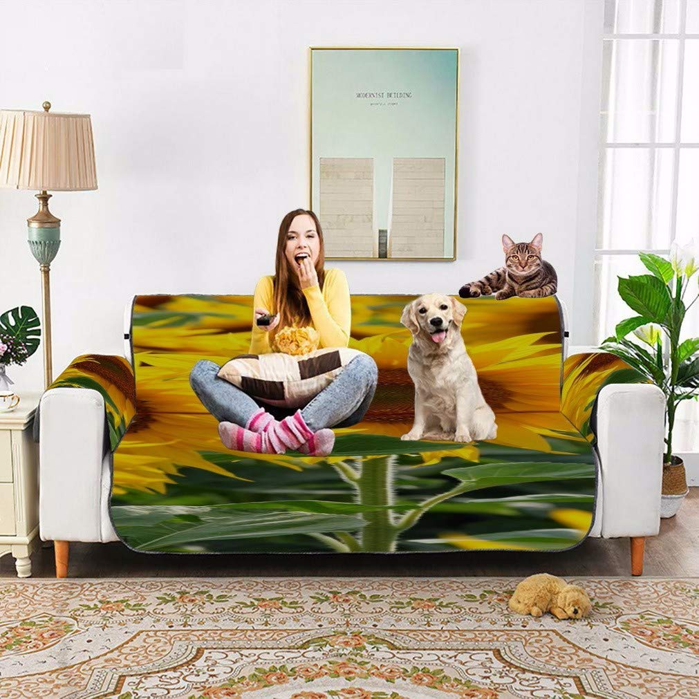 Soft Velvet Slip-Resistant Sofa Slipcover with Blooming Yellow Sunflowers Floral Design - Pet-Friendly Furniture Protector for Dogs & Cats - Perfect for Living Room, Home Decor, and Pet Owners
