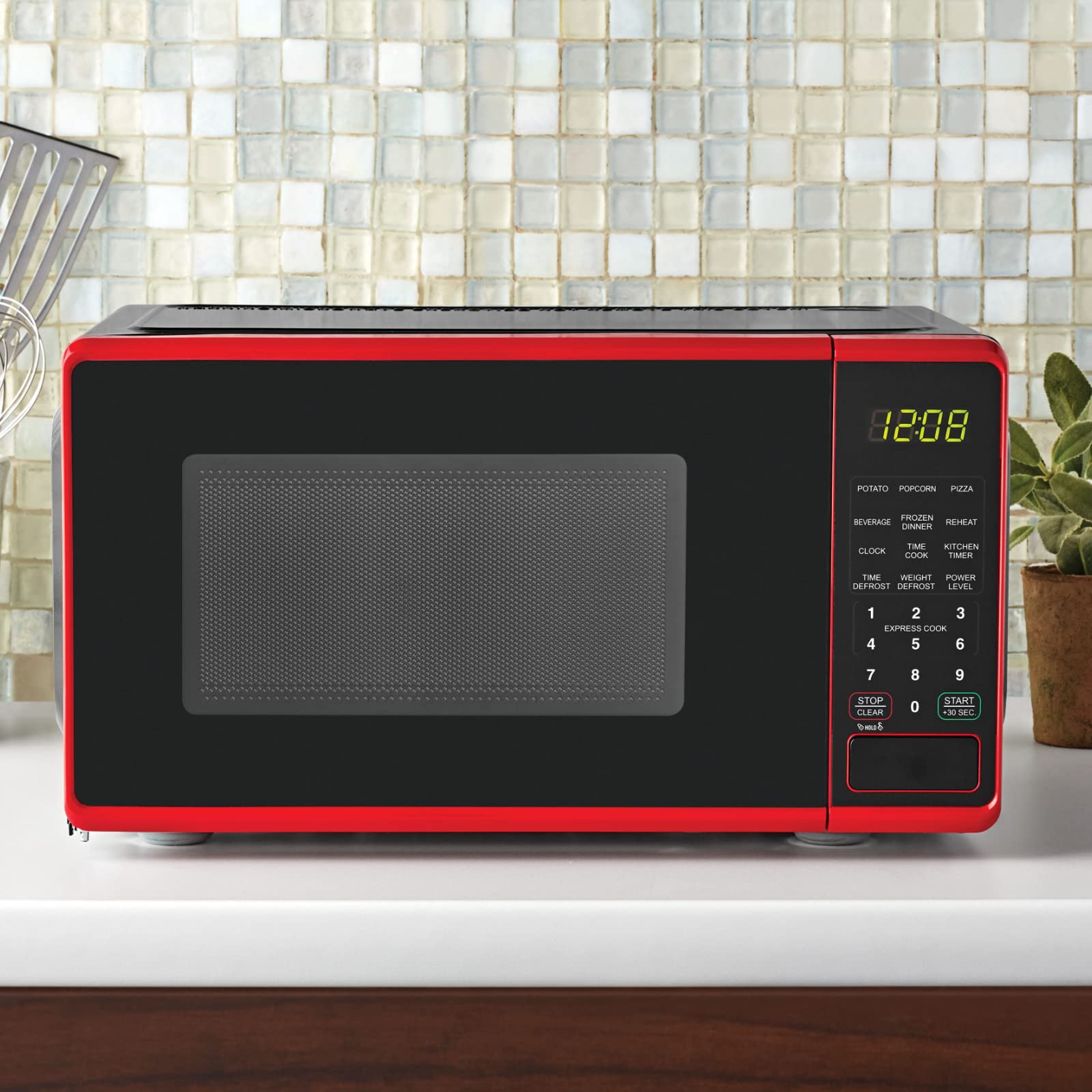 Mainstays 0.7 Cu ft Compact Countertop Microwave Oven - Black & Red - Perfect for Small Kitchens, Dorms, and Office Spaces