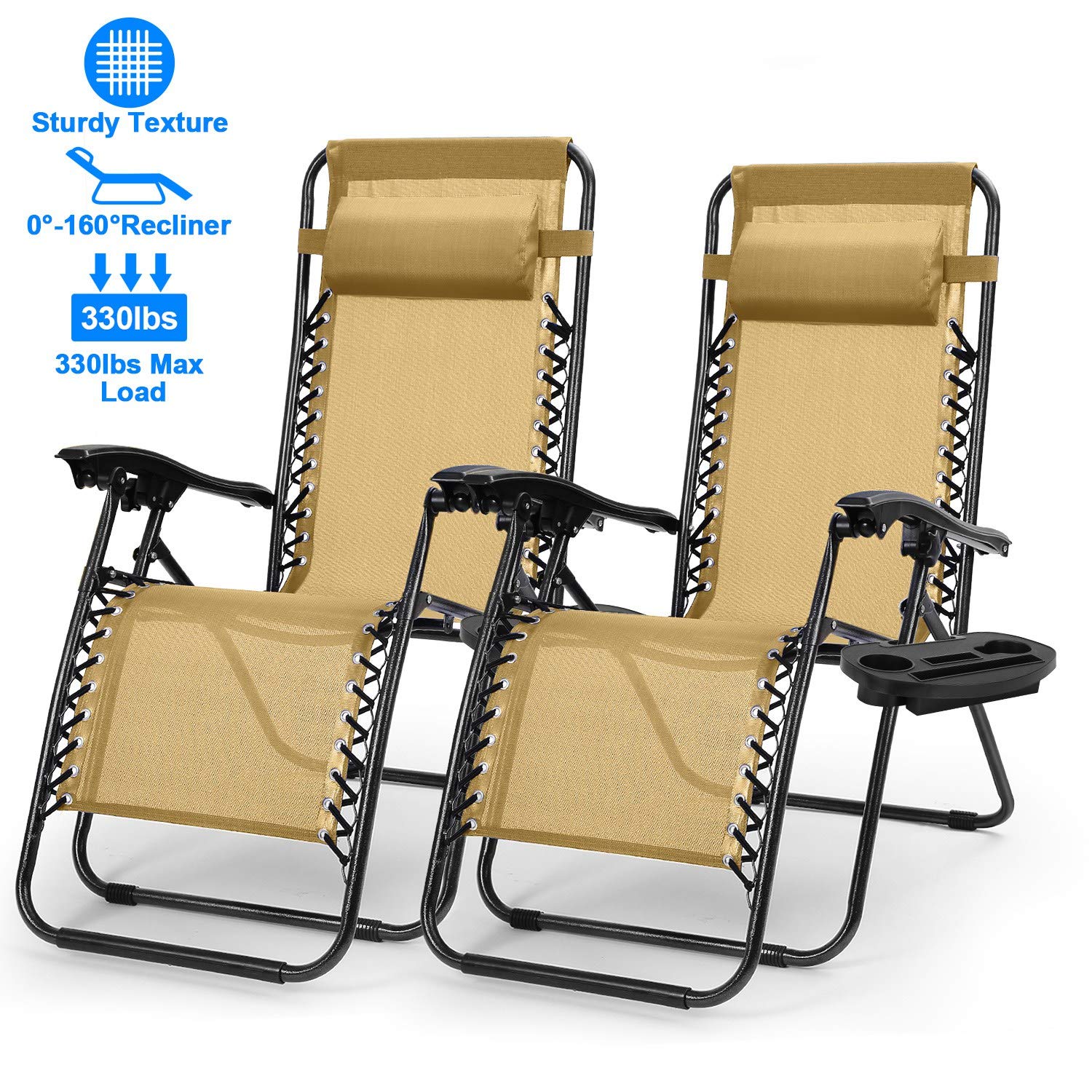 iMounTEK Set of 2 Adjustable Zero-Gravity Reclining Outdoor Lounge Chairs with Pillows & Cup Holder Side Tray - Supports 330lbs - Patio, Porch, Deck, Poolside, Beach, Lawn, Yard Furniture - Black/Blue/Brown/Tan - Perfect for Relaxing, Sunbathing, and Outdoor Lounging