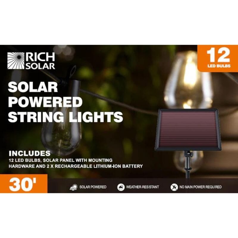 30 ft Solar String Lights with 12 LED Bulbs & Solar Panel - Outdoor Waterproof Fairy Lights for Garden, Patio, Wedding & Party Decor