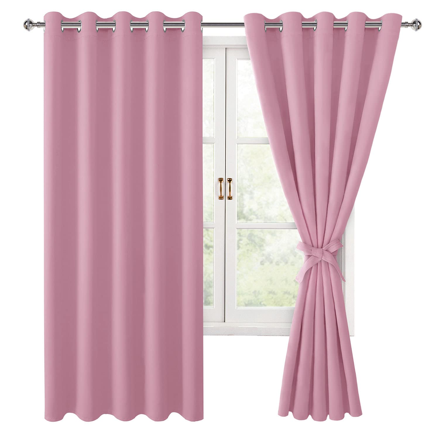 Blackout Curtains for Bedroom & Living Room - 60 x 63 Inch Thermal Insulated Light Blocking Window Drapes with Tiebacks, Pink - Perfect for Privacy, Energy Saving & Better Sleep