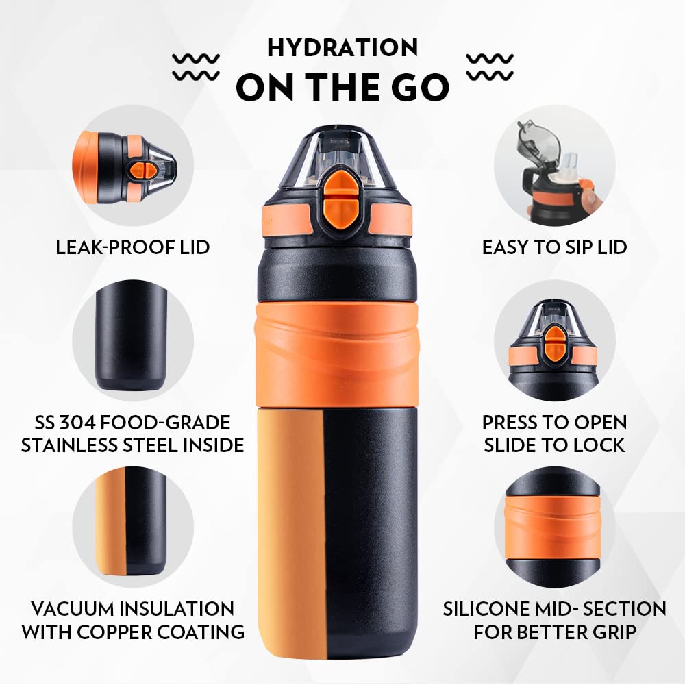 Borosil Hydra Adventure Stainless Steel Water Bottle - 560ml Double Wall Vacuum Insulated for Hot & Cold Drinks - Leakproof & Durable - Perfect for Hiking, Camping, Gym & Outdoor Activities - Black