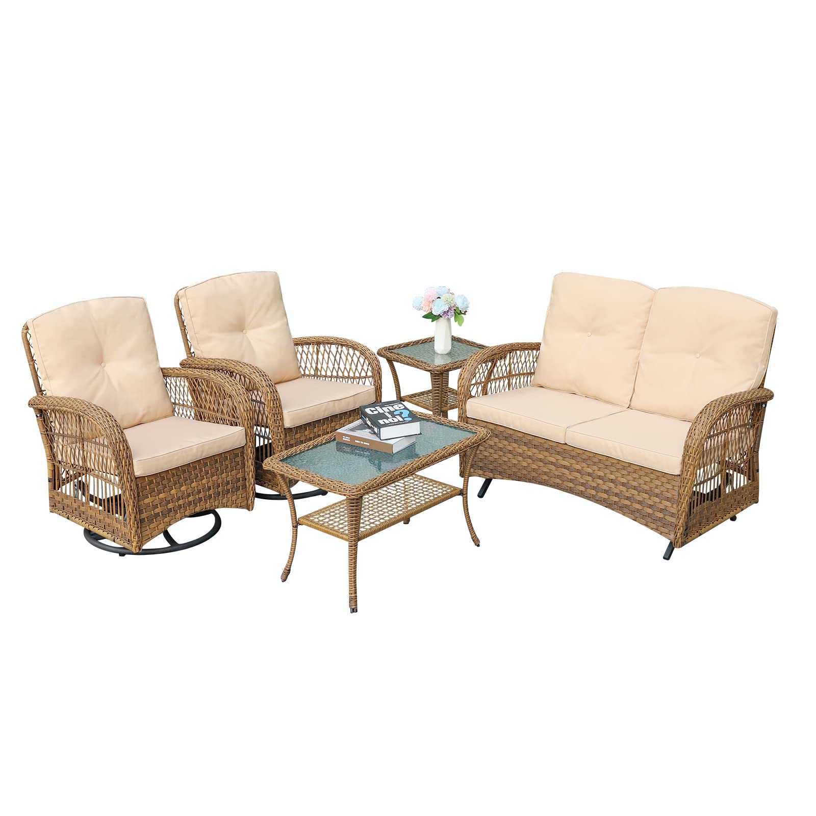 VIVIJASON 5-Piece All-Weather Outdoor Patio Furniture Set - Wicker Rattan Conversation Set with Glider Loveseat, 2 Coffee Tables & 2 Swivel Glider Chairs with Cushions - Light Brown - Perfect for Garden, Backyard, Poolside & Patio Relaxation