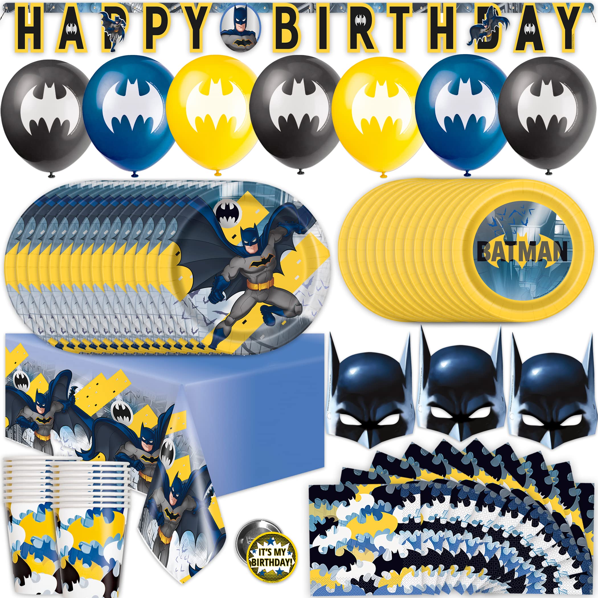 Batman Birthday Party Supplies & Decorations Kit - Balloons, Banner, Table Cover, Masks, Plates, Cake Plates, Napkins, Cups, Buttons | Perfect for Superhero Themed Birthday Parties, Kids Celebrations & Batman Fan Events