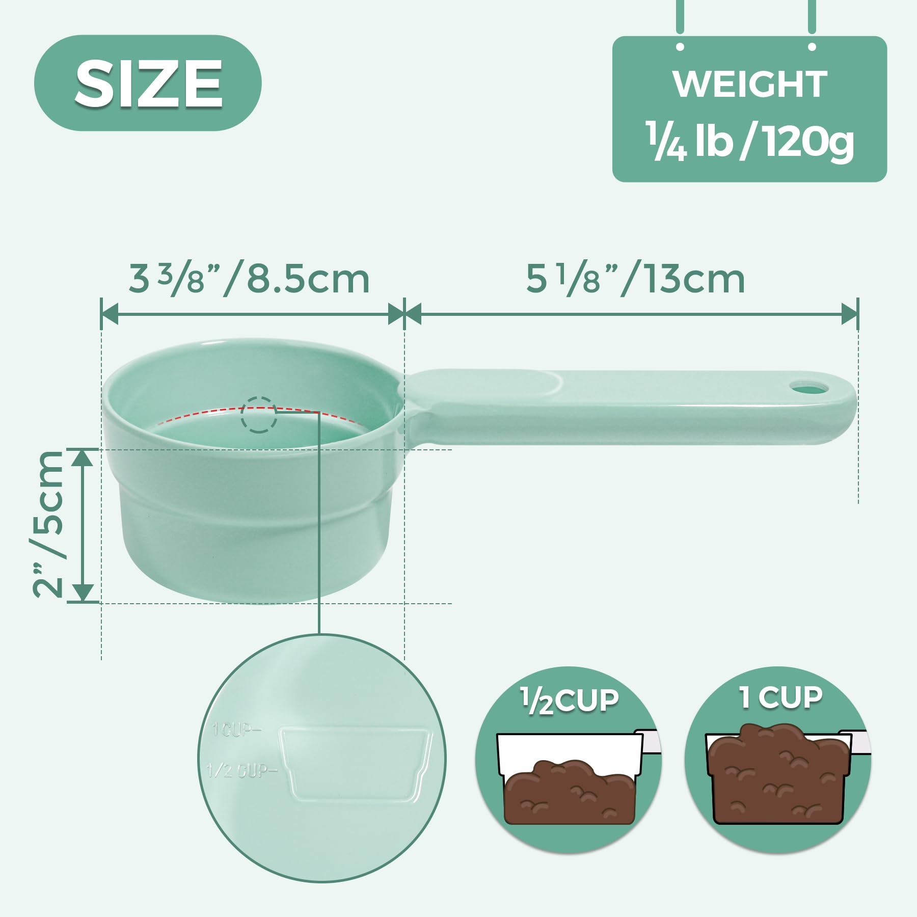 **1 Cup Melamine Pet Food Scoop with Long Handle - Light Green Measuring Cup for Dog, Cat, Ferret & Rabbit Food - Dishwasher Safe - Perfect for Feeding & Portion Control**