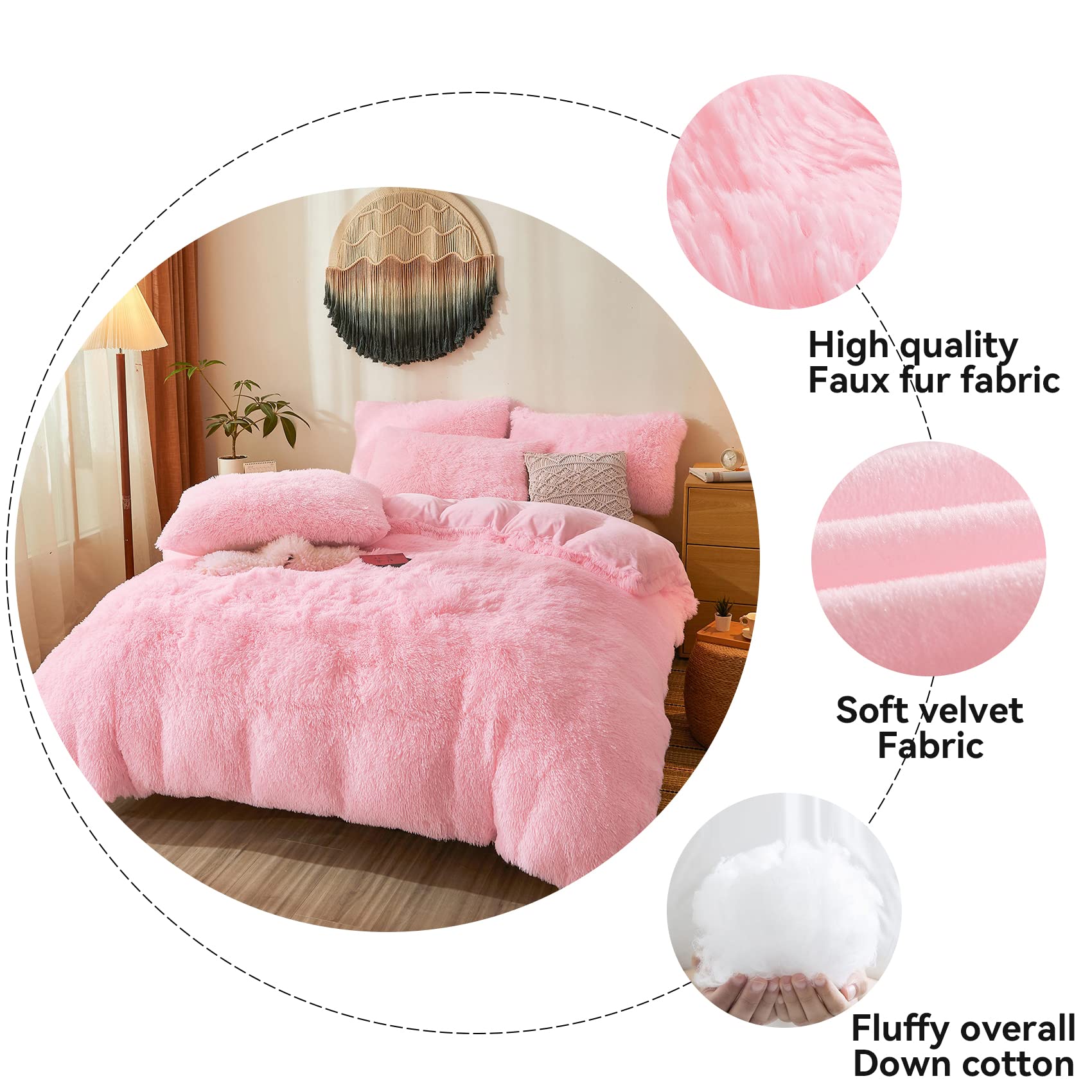 Befunny Fluffy Queen Comforter Set - 3pc Faux Fur Bedding with Plush Comforter & 2 Fuzzy Pillowcases, Shaggy Pink Luxury Bedding for Cozy Winter Nights & Stylish Bedroom Decor