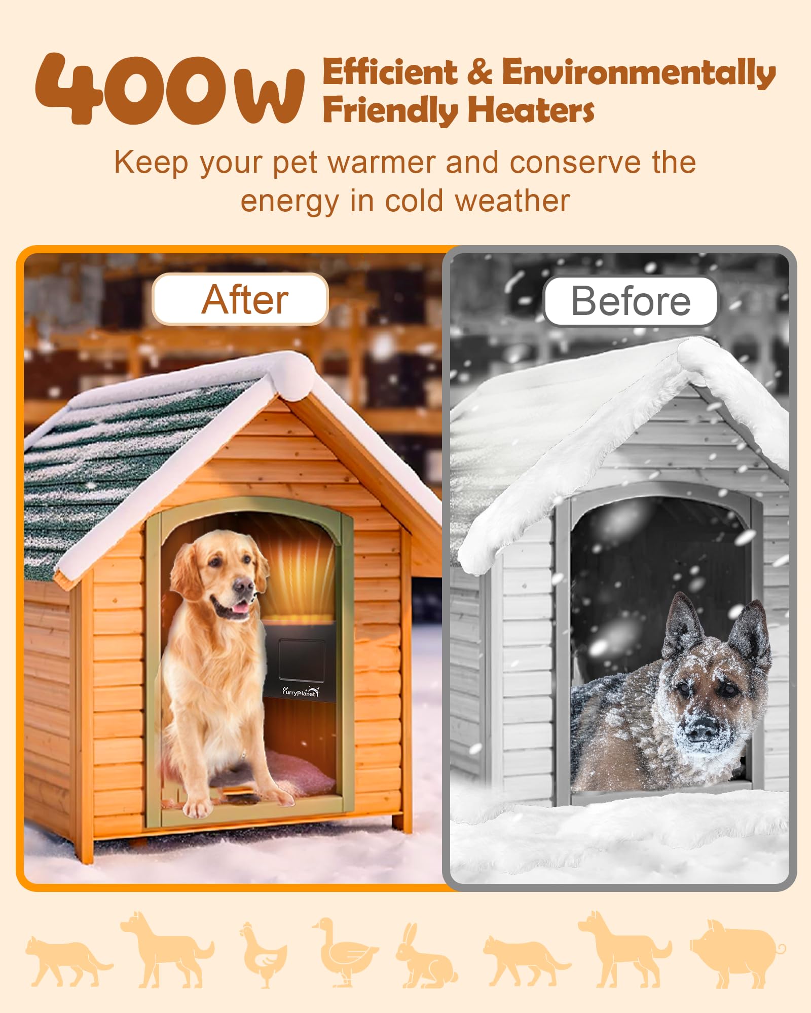 400W Outdoor Dog House Heater with Thermostat & Overheat Protection - Adjustable Temperature Knob, 6.5FT Chew-Proof Cord - Perfect for Winter Dog Kennels, Chicken Coops, Cat & Rabbit Hutches - Keep Pets Warm in Cold Weather