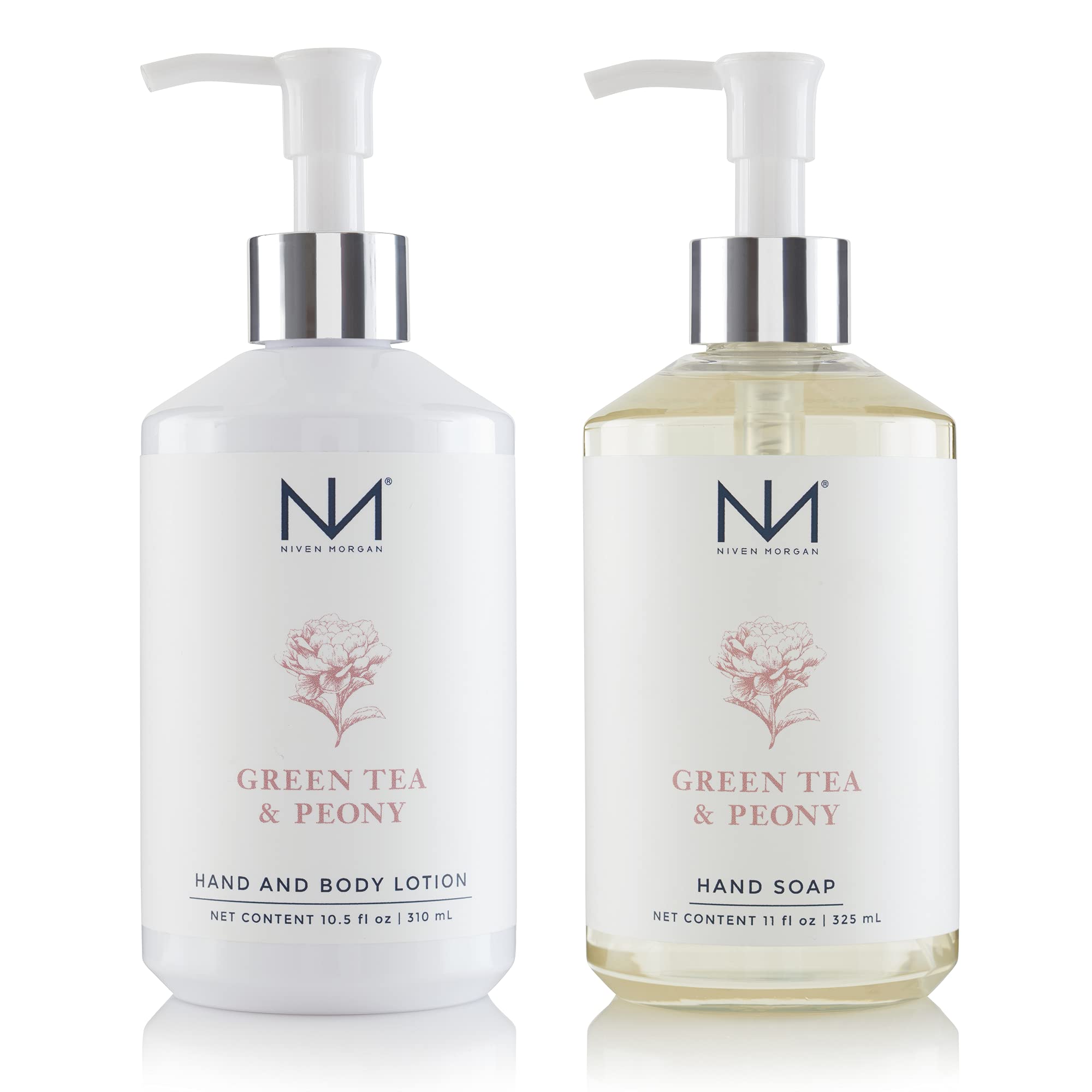 Niven Morgan Green Tea & Peony Scented Hand Soap and Lotion Gift Set - Moisturizing & Aromatherapy for Bathroom, Kitchen, and Spa Relaxation