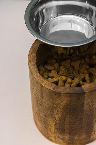 Premium Raised Wooden Pet Food Stand with Stainless Steel Bowl - 1.8L (2 Quart) Elevated Dog Cat Feeder for Comfortable Dining - Perfect for Kitchen, Living Room or Pet Feeding Station