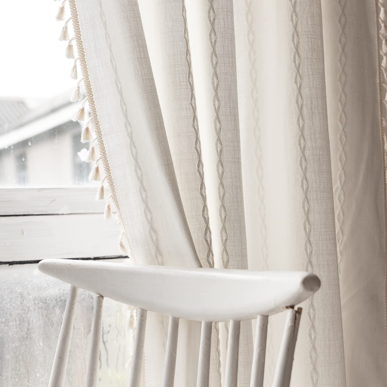 Boho Semi Blackout Window Curtains Set of 2 Panels - 63/84/96 Inch Length, Farmhouse Style with Tassels & Striped Embroidery, Rustic Cotton Linen Blend for Living Room & Bedroom | Perfect for Sun Protection, Privacy & Bohemian Home Decor