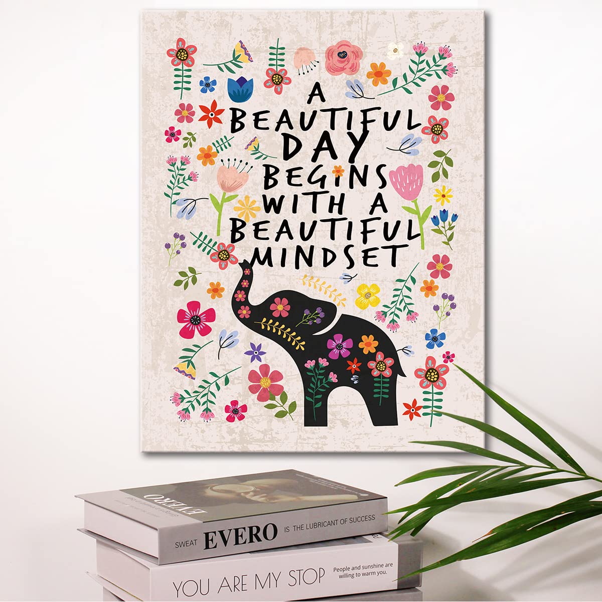 Inspirational Quotes Framed Canvas Wall Art - Motivational Gifts for Women, Girls, Friends & Sisters - Home Decor for Bedroom, Living Room - Flower Elephant Design - Perfect for Office, Nursery & Gift Giving