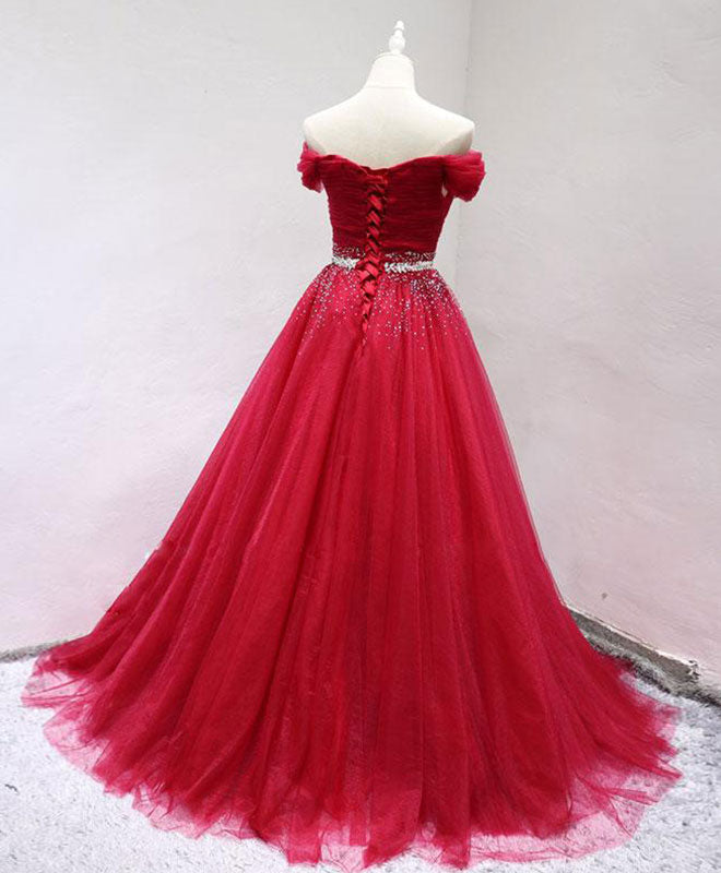 Elegant Burgundy Off Shoulder Tulle Long Prom Dress for Women - Formal Evening Gown for Homecoming, Ball, Wedding & Special Occasions