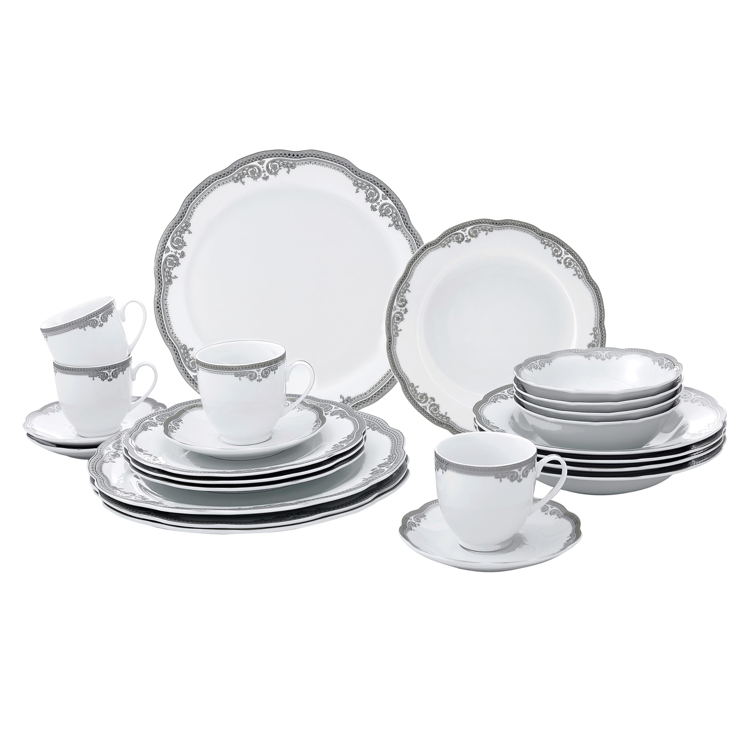 Lorren Home Trends 24-Piece Elizabeth Design Porcelain Dinnerware Set with Wavy Edge - White Elegant Tableware for Fine Dining, Dinner Parties & Home Decor