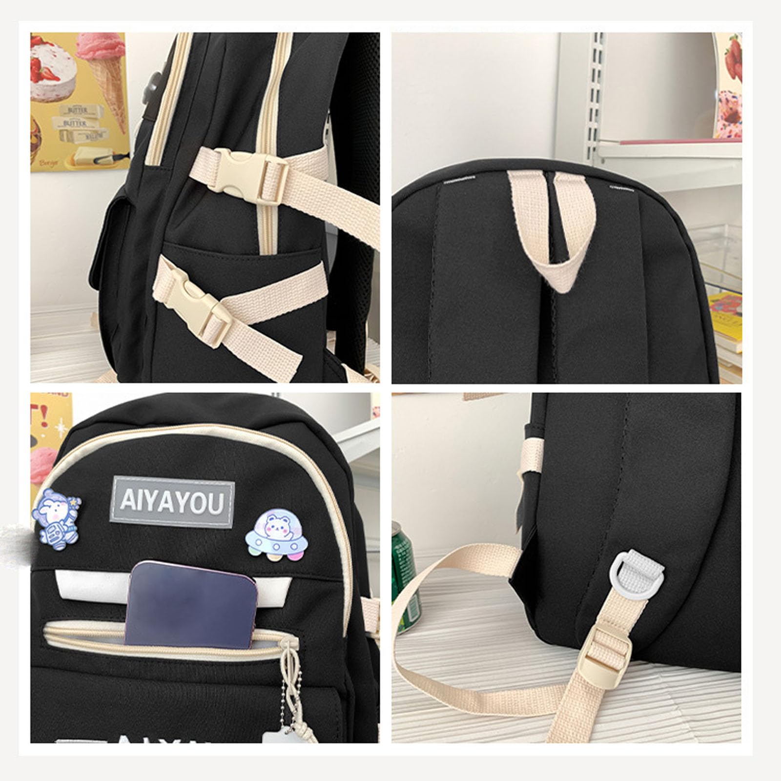 Cute Kawaii Backpack for School with Accessories - Green Aesthetic School Supply