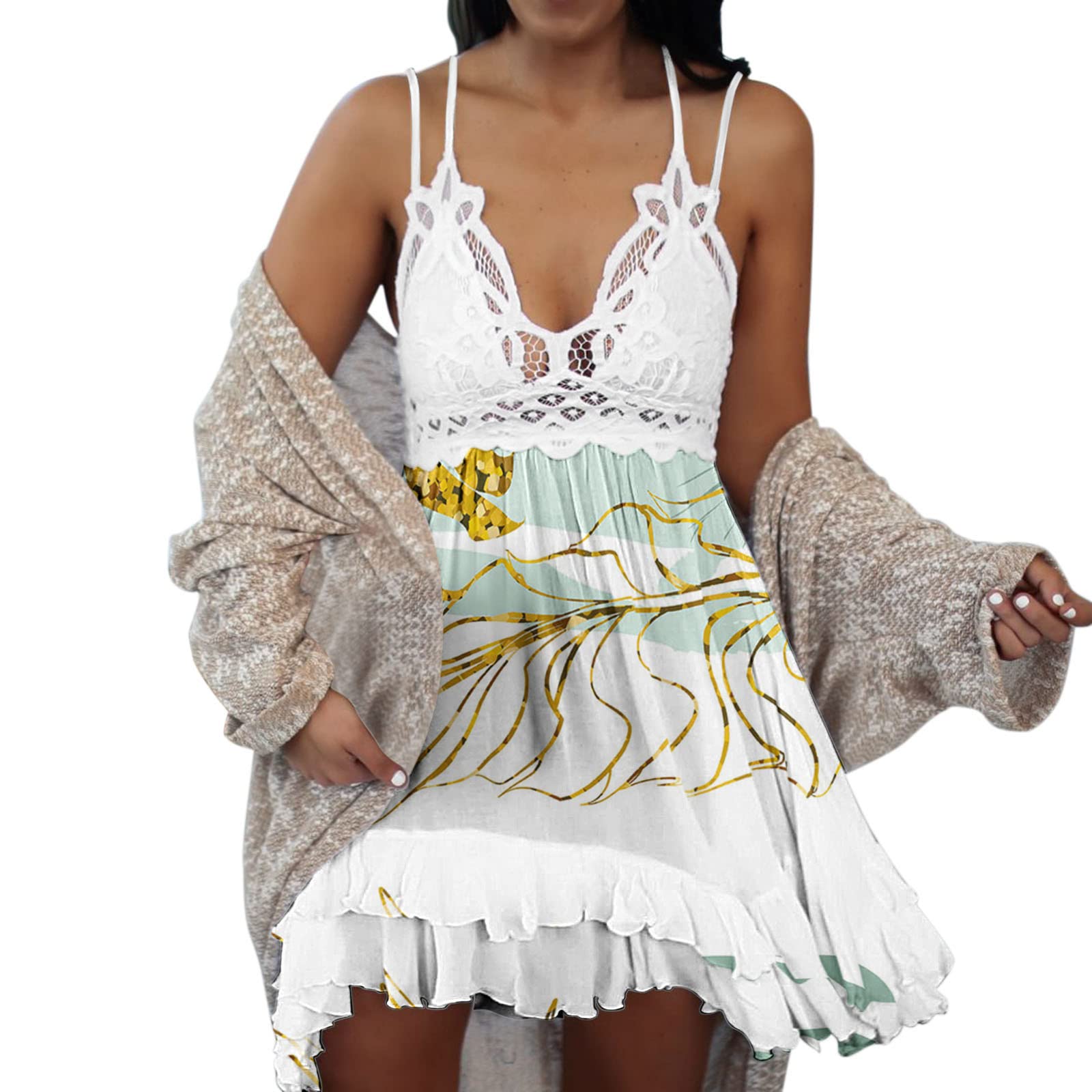 Women's Summer Loose Sleeveless Strapless Tube Dress - Floral Print V-Neck Lace Sundress for Beach, Vacation & Casual Wear