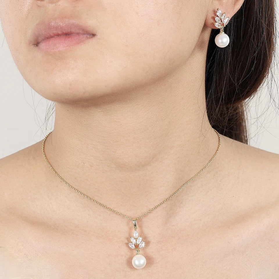 Elegant Etta Pearl & Cubic Zirconia Jewelry Set - Sterling Silver & Rose Gold Options | Perfect for Weddings, Anniversaries & Special Occasions