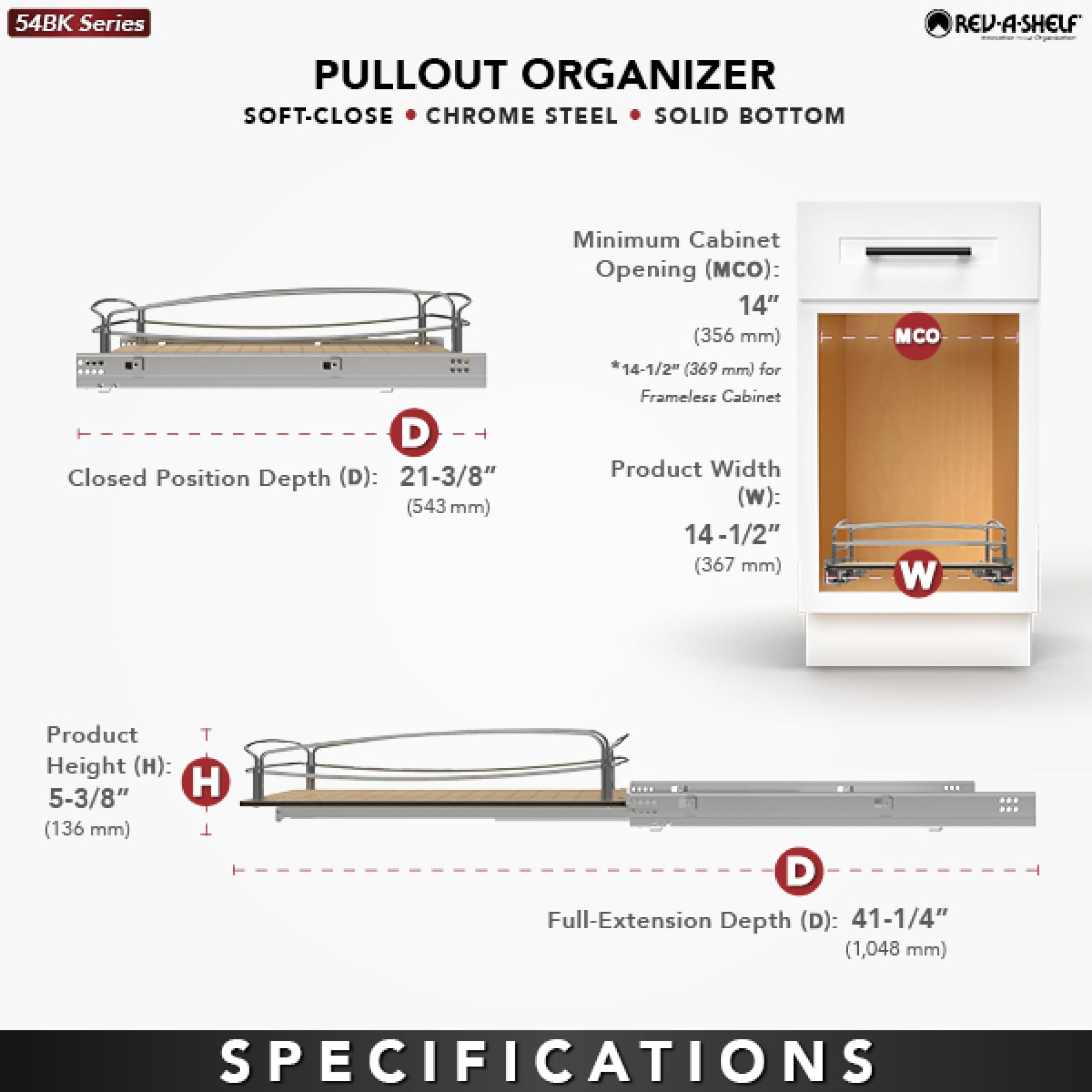 Rev-A-Shelf Pull Out Kitchen Cabinet Organizer - Solid Bottom Undermount Drawer with Soft-Close Full Extension Slides (54BK-15SC-1) - Perfect for Pantry Storage & Spice Rack Organization