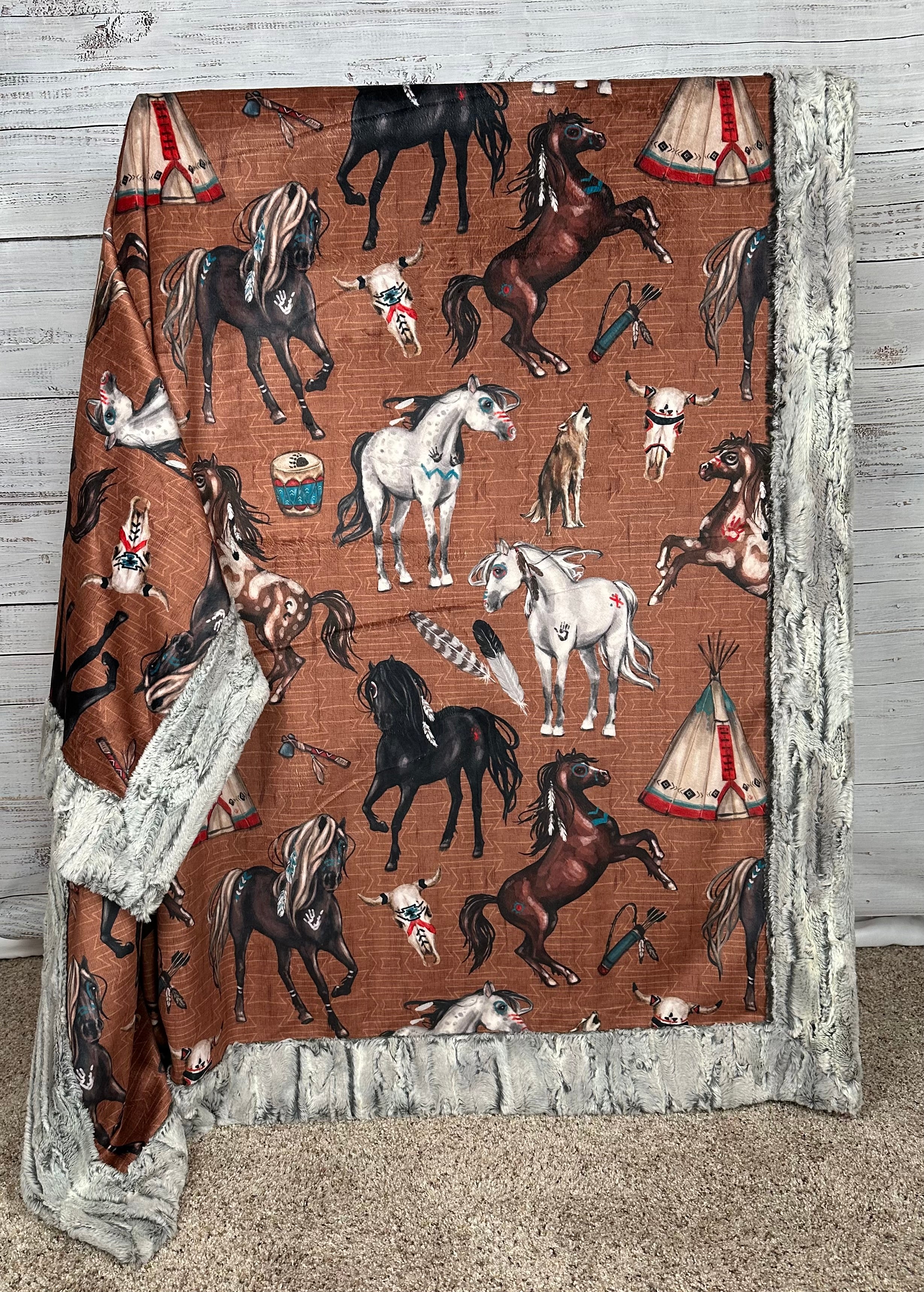Premium Native American Horses Design Silver Fox Large 54x79 Inch Minky Blanket (Brown) - Ultra Soft & Cozy for Bedroom, Living Room, or Gift Giving - Spoonflower High Quality Fabric