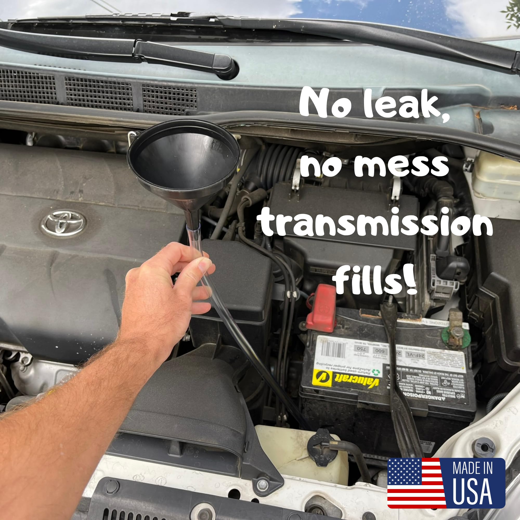 High-Quality Transmission Funnel with 4ft Clear Tubing - Made in USA - Easy Reach for Tight Spaces, No-Spill Design - Ideal for Car Maintenance & DIY Oil Changes