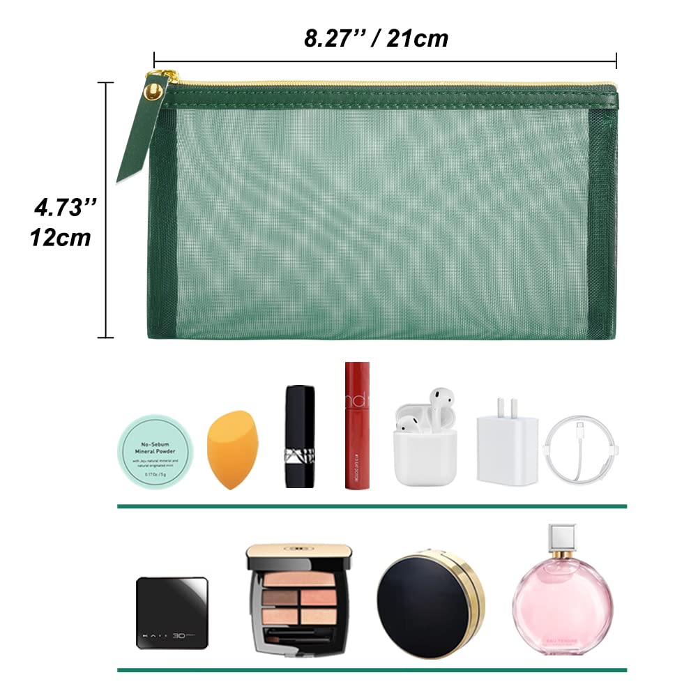 4-Piece Mesh Cosmetic Bag Set with Leather Pull & Gold Zipper - Waterproof Nylon Makeup Organizer for Travel, Purse, Diaper Bag (Emerald Green) - Perfect for Gym, Vacation & Daily Essentials Storage