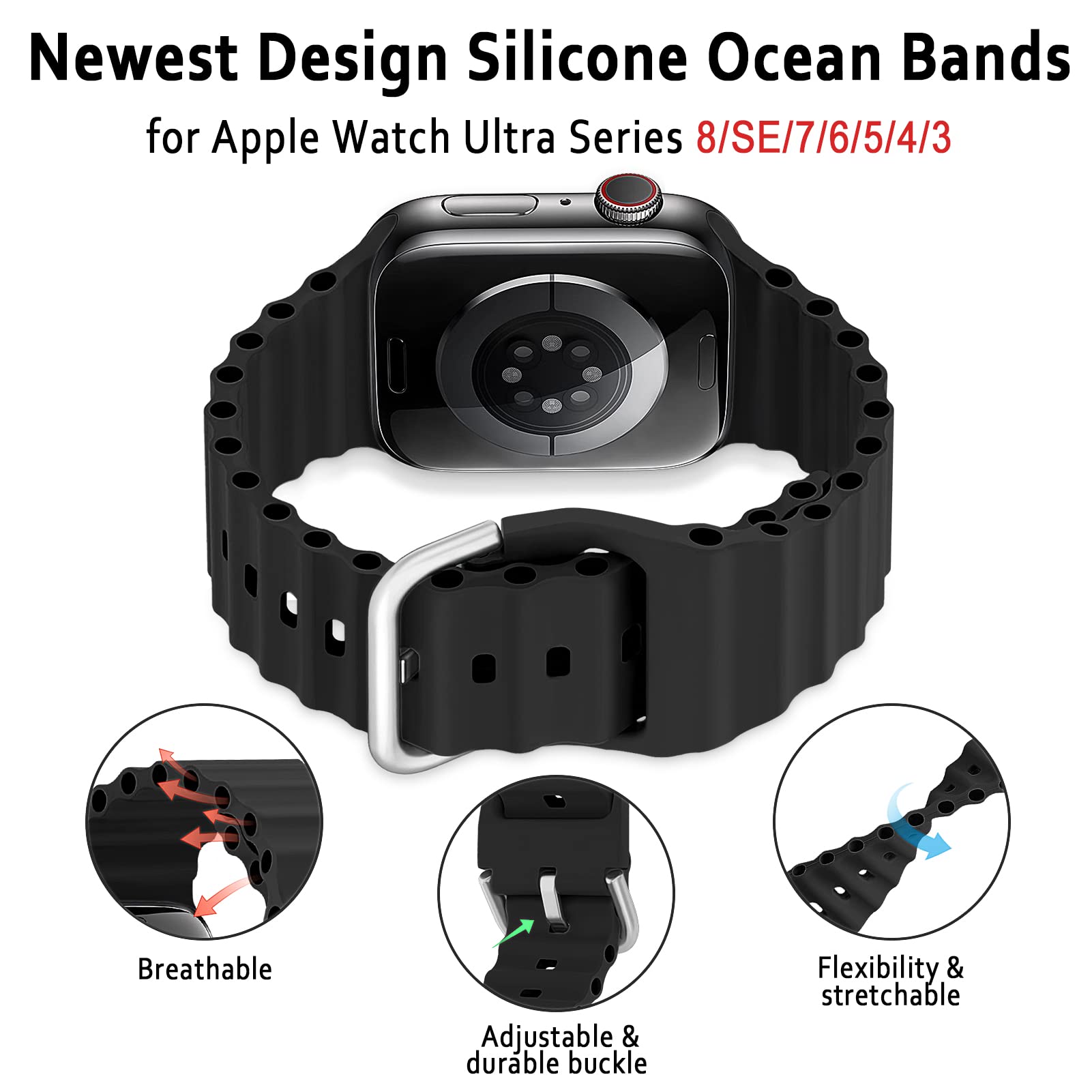 **Ocean Band for Apple Watch Ultra/Series 9/8/7/6/5/4/3/2/1 & SE - 49mm/45mm/44mm/41mm/40mm/42mm/38mm Silicone Sport Strap - Breathable, Durable Wristband for Men & Women - Perfect for Swimming, Running & Outdoor Activities**