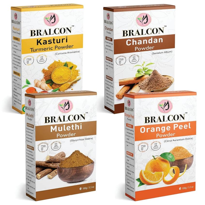 BRALCON Kasturi Haldi, Chandan, Orange, Mulethi Powder Combo - 400g (100g x 4 Pack) | Organic Kasturi Turmeric Powder, Sandalwood Powder, Orange Peel Powder, Licorice Root Powder for Face Mask, Skin Care & Hair Treatment - Perfect for DIY Beauty Remedies & Ayurvedic Home Spa