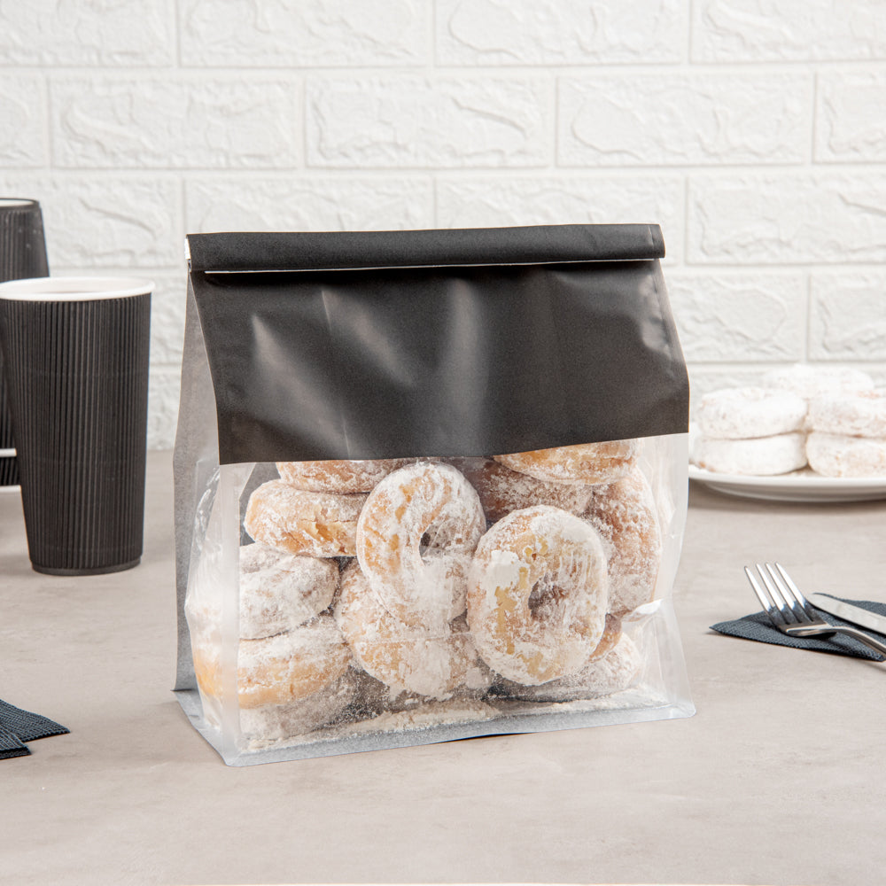 Premium Black Cotton Paper Tin Tie Bags with Clear Window - 8.75