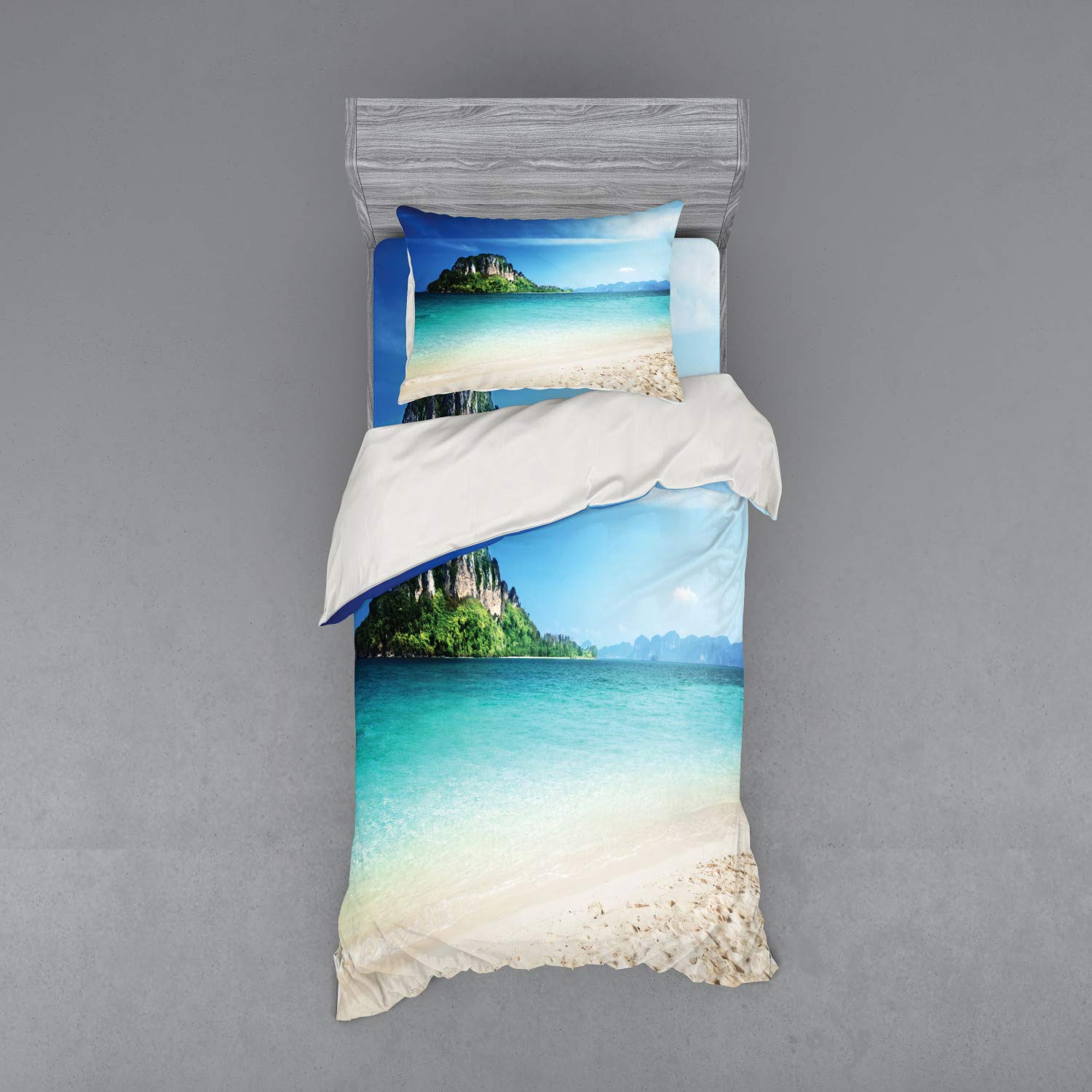 Ambesonne Beach Bedding Set - Tropical Island Scenery with Crystal Sea Water & Summer Beach | 3-Piece Duvet Cover Set with Sham & Fitted Sheet | Twin XL Size in Blue, Cream & Green | Perfect for Coastal Bedrooms, Vacation Homes & Summer Decor