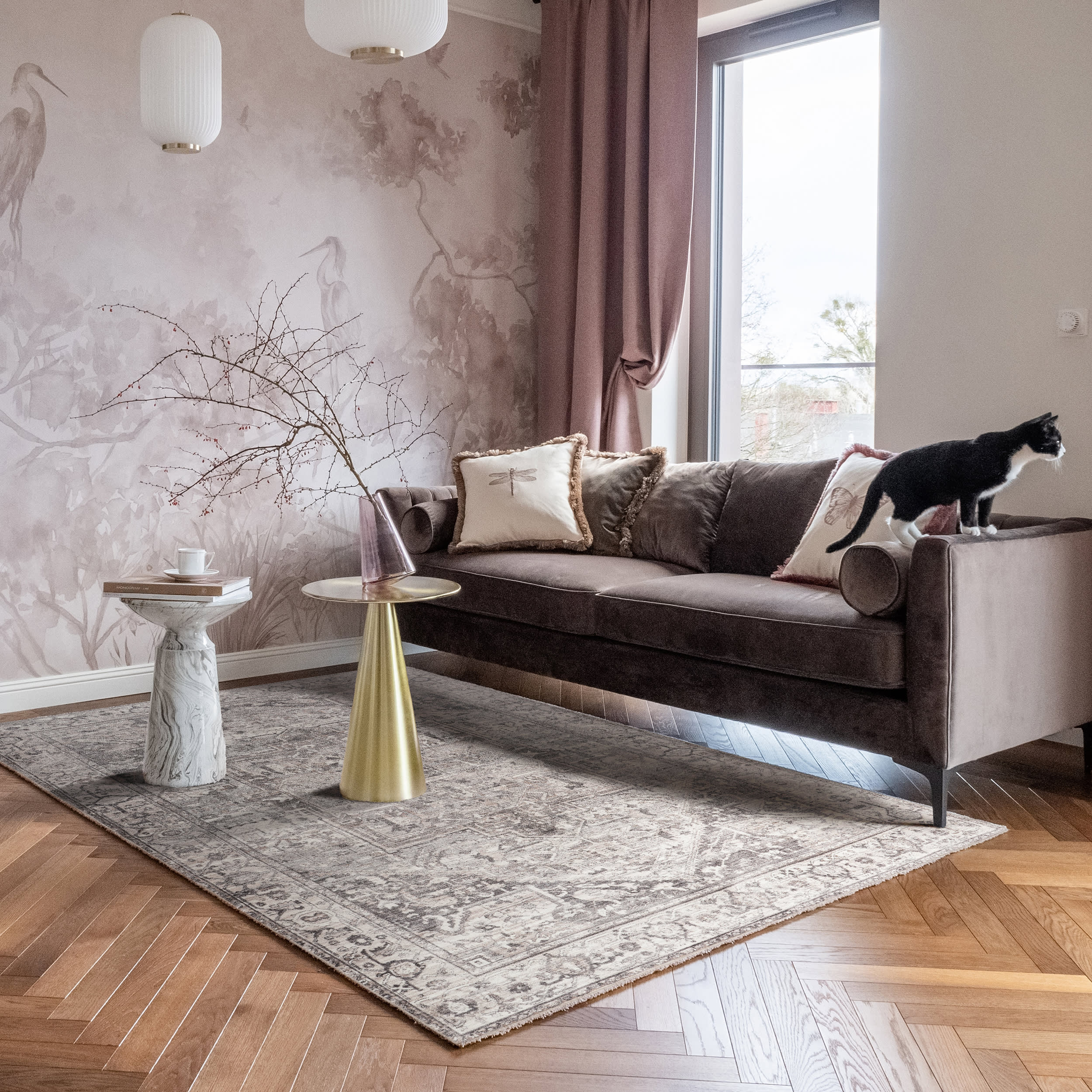 Atrium Medallion Spill Proof Washable Rug - Grey | Non-Slip Kitchen & Living Room Rug for Home Decor