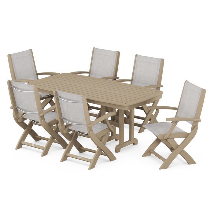 POLYWOOD Coastal Folding Arm Chair 7-Piece Outdoor Dining Set - Perfect for Patio, Deck, Poolside & Beachfront Entertaining