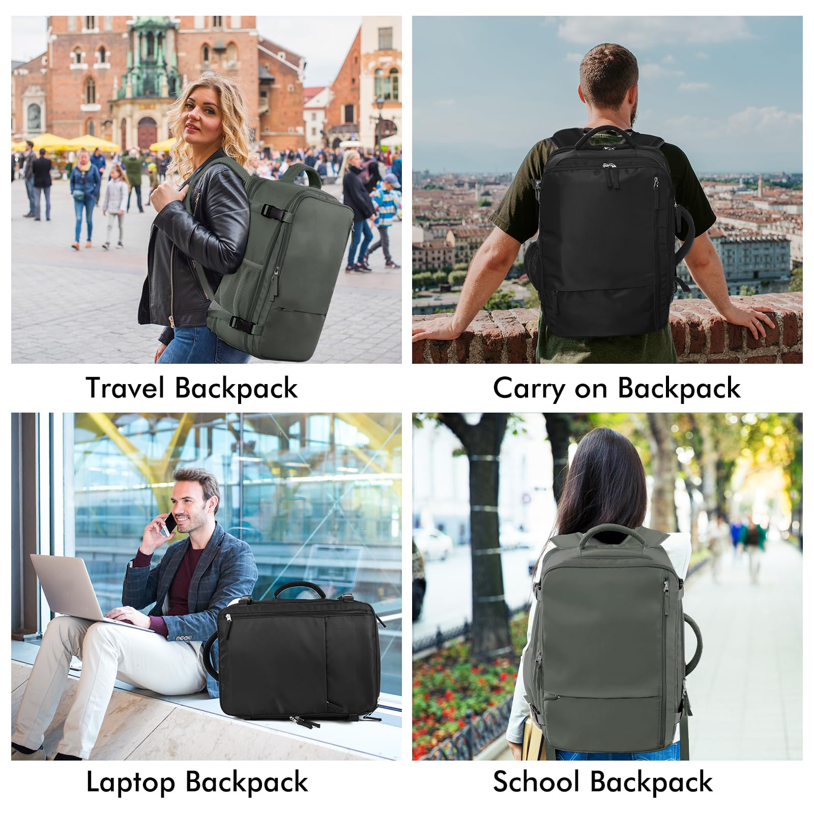 Beraliy 17.3 Inch Travel Backpack for Men & Women - Airline Approved Carry On Laptop Backpack with USB Charging Port - Lightweight Hiking & Overnight Backpack (Olive Green) - Perfect for Business Trips, College Students & Weekend Getaways