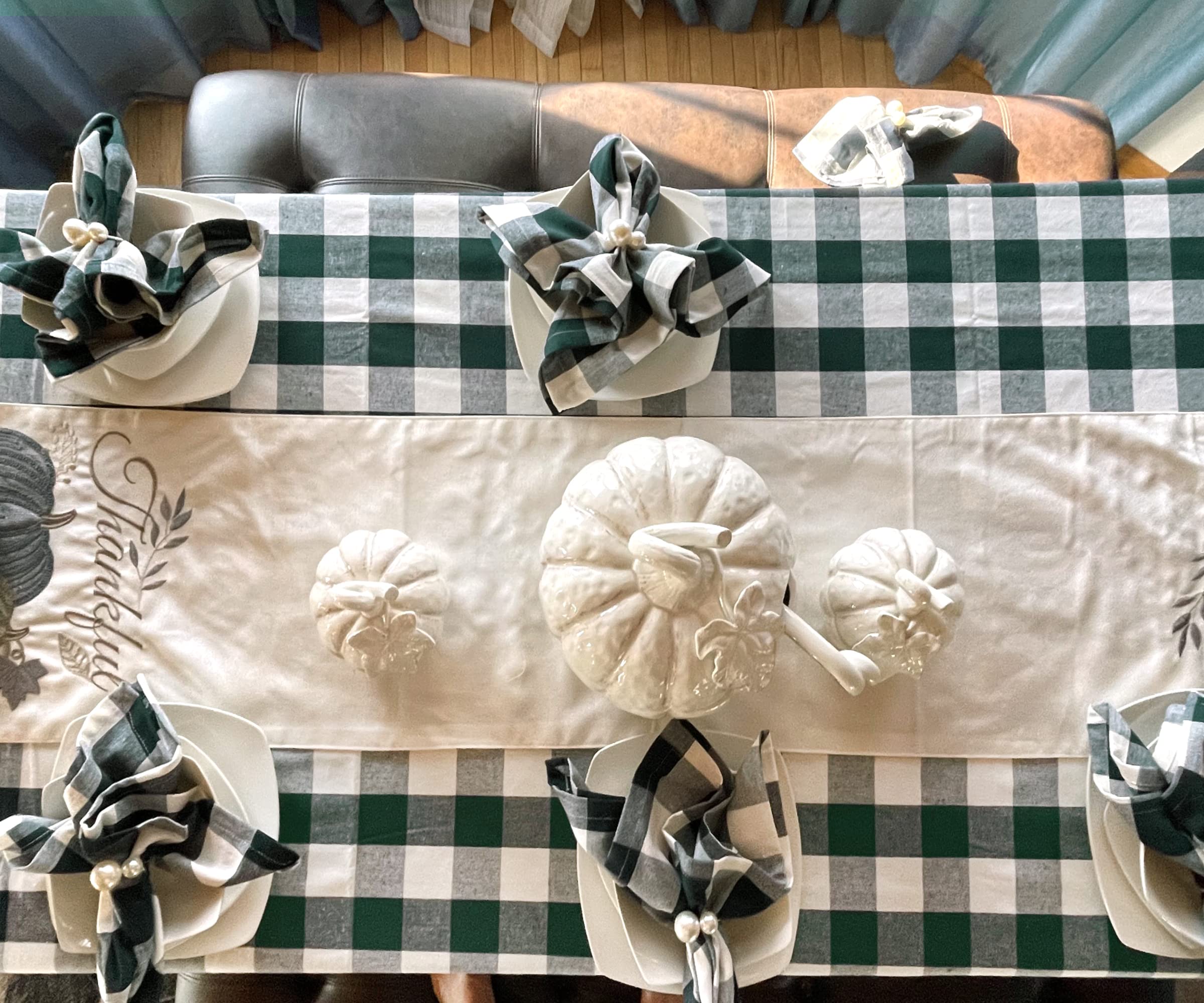 Green & White Buffalo Plaid Tablecloth - Heavy Duty Washable Cotton Linen Gingham Table Cover for Kitchen, Dining Room, Holiday, Picnic | Farmhouse Style Spring & Easter Decor | 63x109 Inches