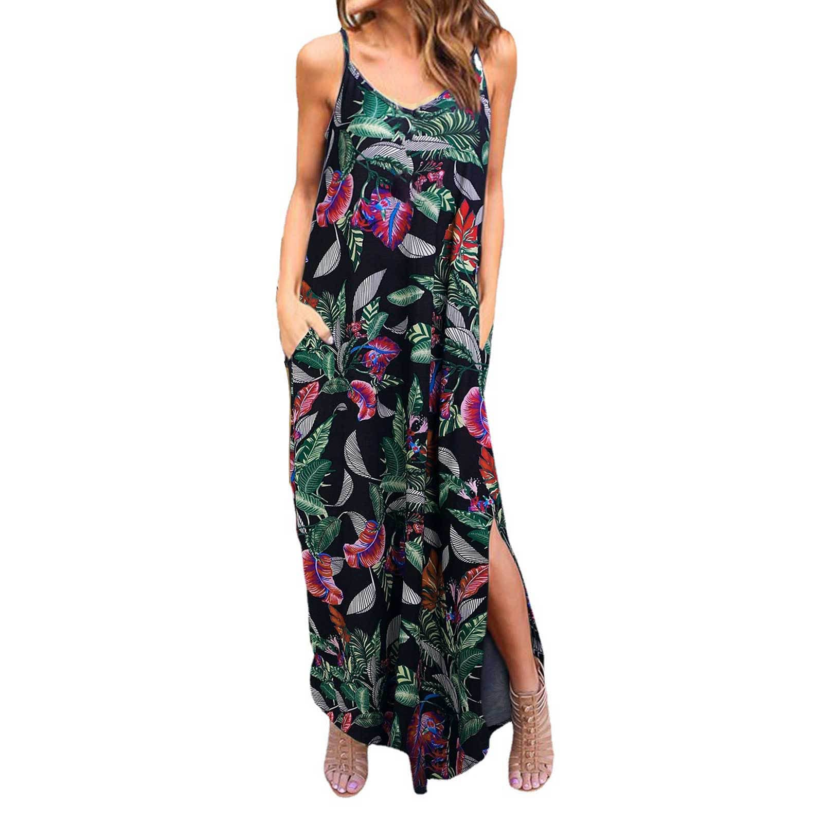 Women's Floral Maxi Dress - Sleeveless Summer Casual Long Dress with Side Slit, Sling Print for Beach Vacation & Holiday Outings | Perfect for Pool Parties, Date Nights & Tropical Getaways