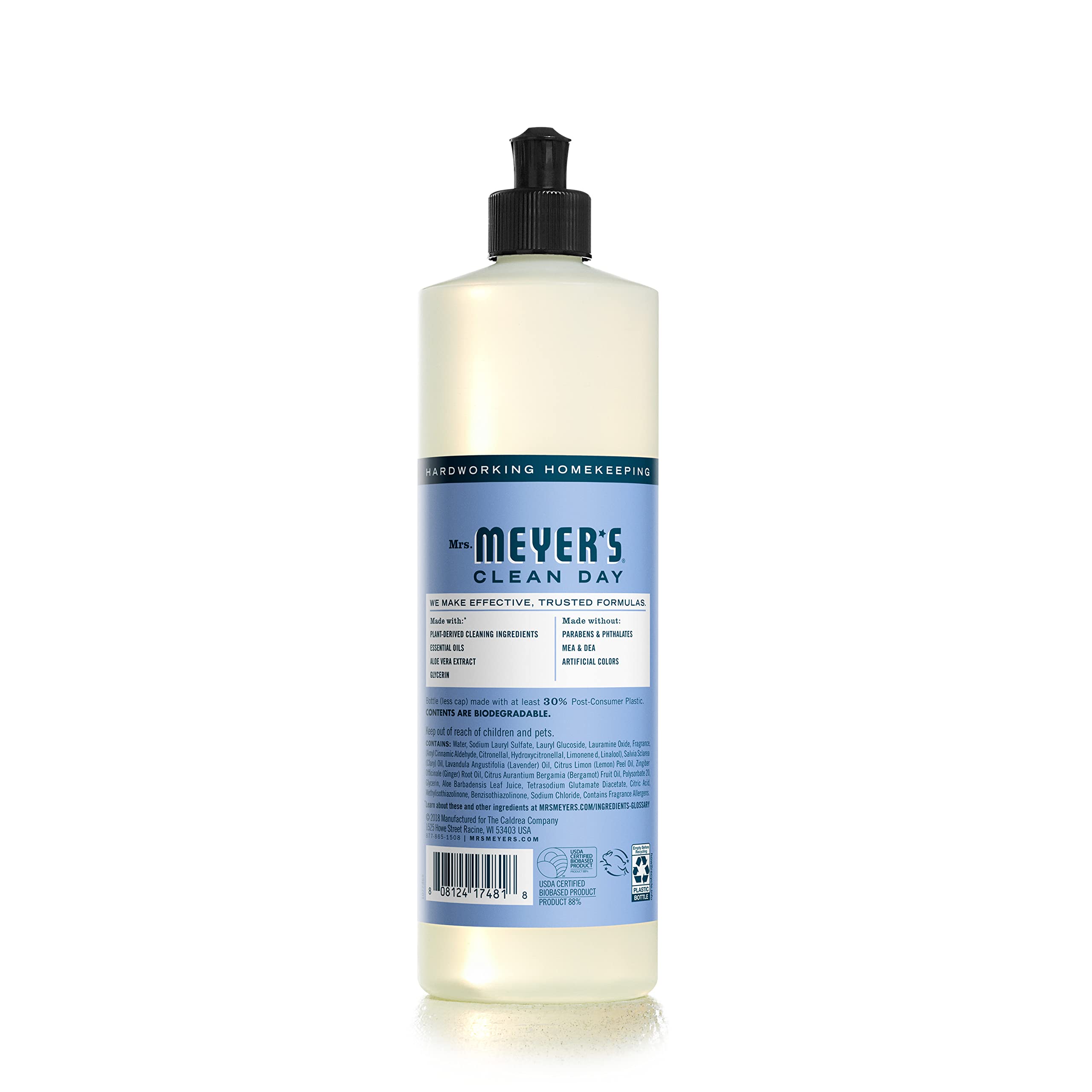 Mrs. Meyer's Clean Day Liquid Dish Soap - Bluebell Scent, 16 Fl Oz (Pack of 1) | Plant-Derived Formula for Gentle Handwashing | Perfect for Everyday Dishes, Greasy Pans & Delicate Glassware