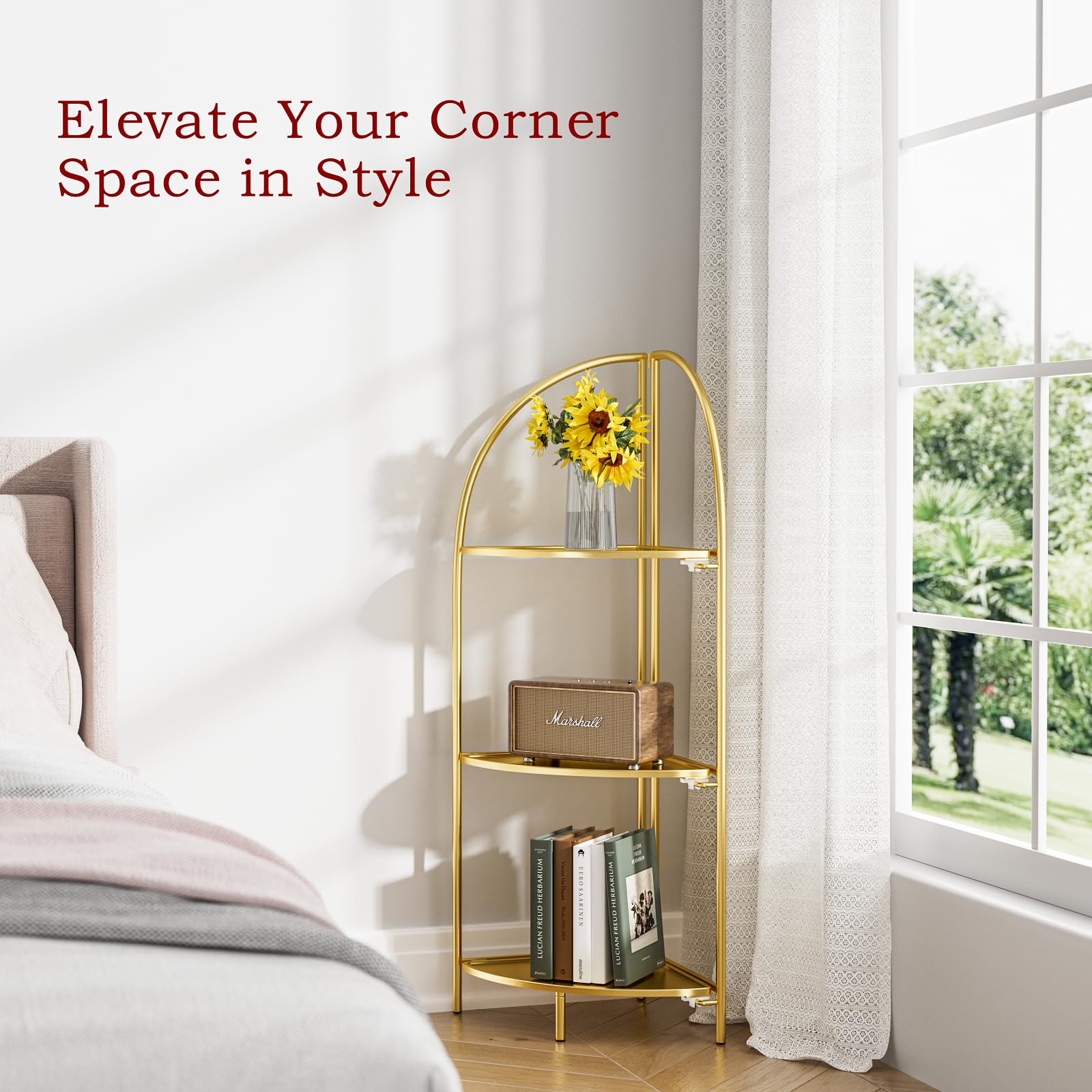 Foldable 3-Tier Metal Corner Shelf with Gold Frame - Space-Saving Plant Stand & Display Rack for Living Room, Bedroom, Bathroom - Perfect for Small Spaces, Home Decor & Organizing Plants, Books & Decorative Items