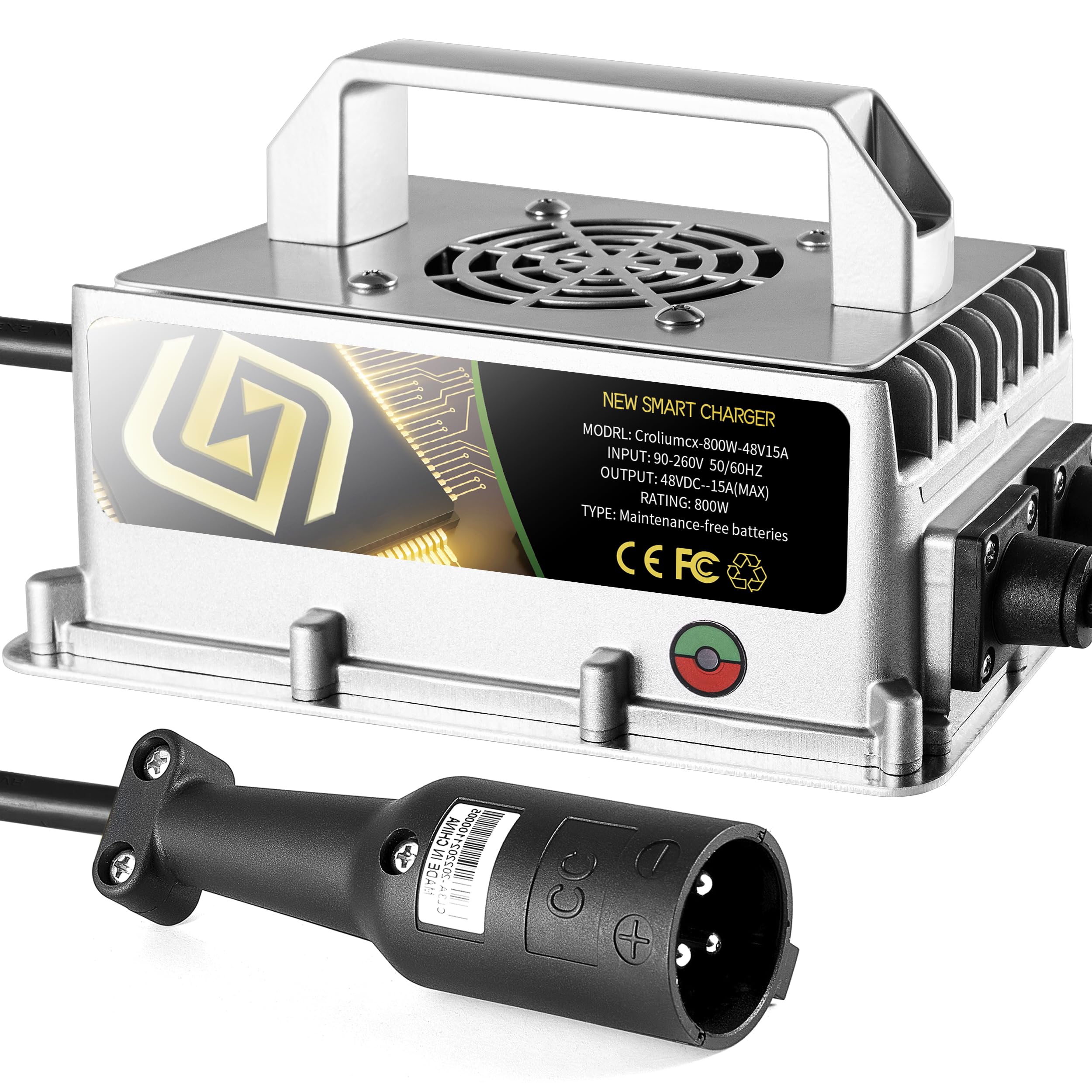 48V 15A Aluminum Golf Cart Battery Charger with 3-Pin Round Plug - Compatible with Club Car DS & Precedent Models - Fast Charging for Home & Golf Course Use