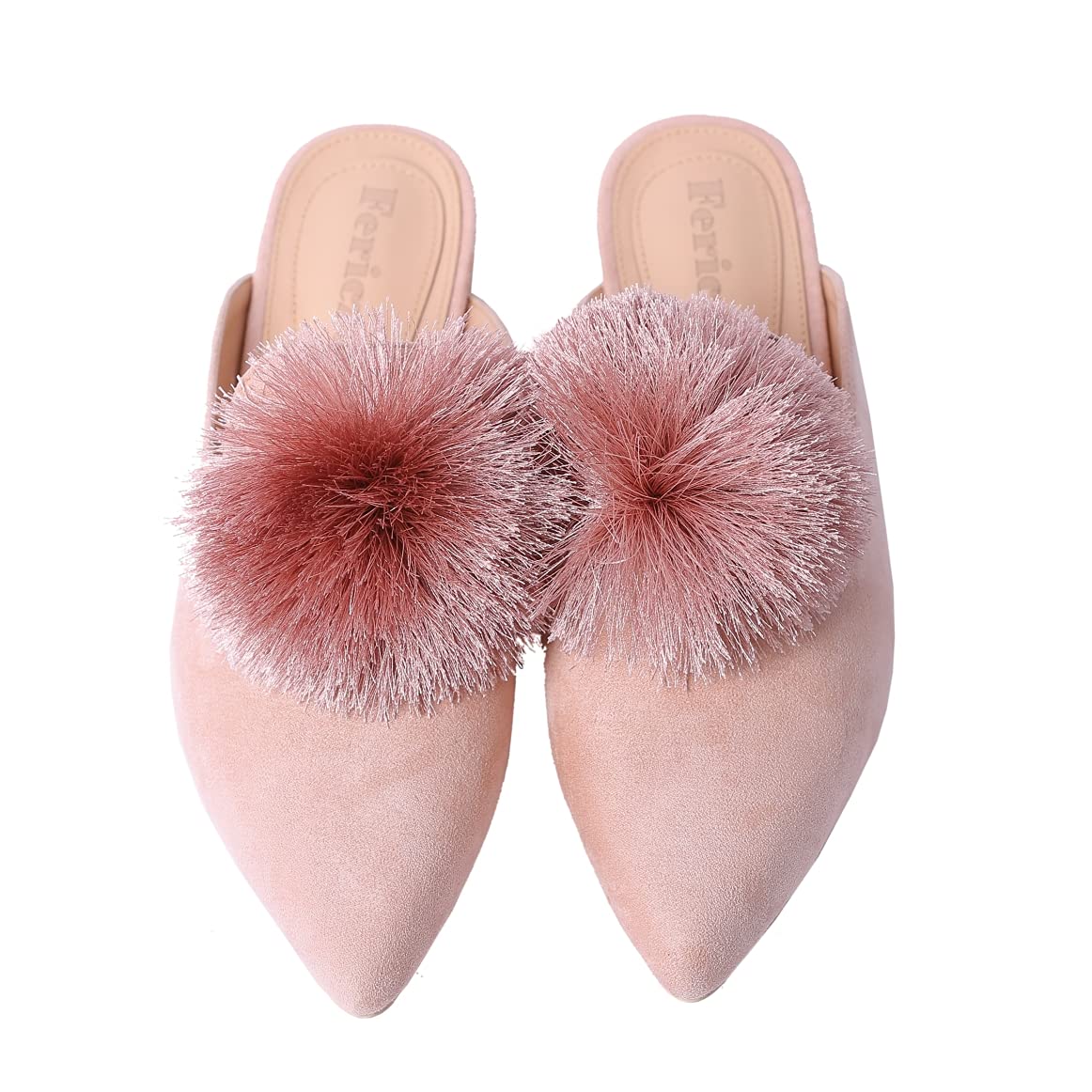 Fericzot Women's Slip On Mule Loafers - Backless Pointed Toe Flats with Puff Pompom Detail - Comfortable Casual Shoes & House Slippers for Women - Perfect for Work, Office, Home and Everyday Wear