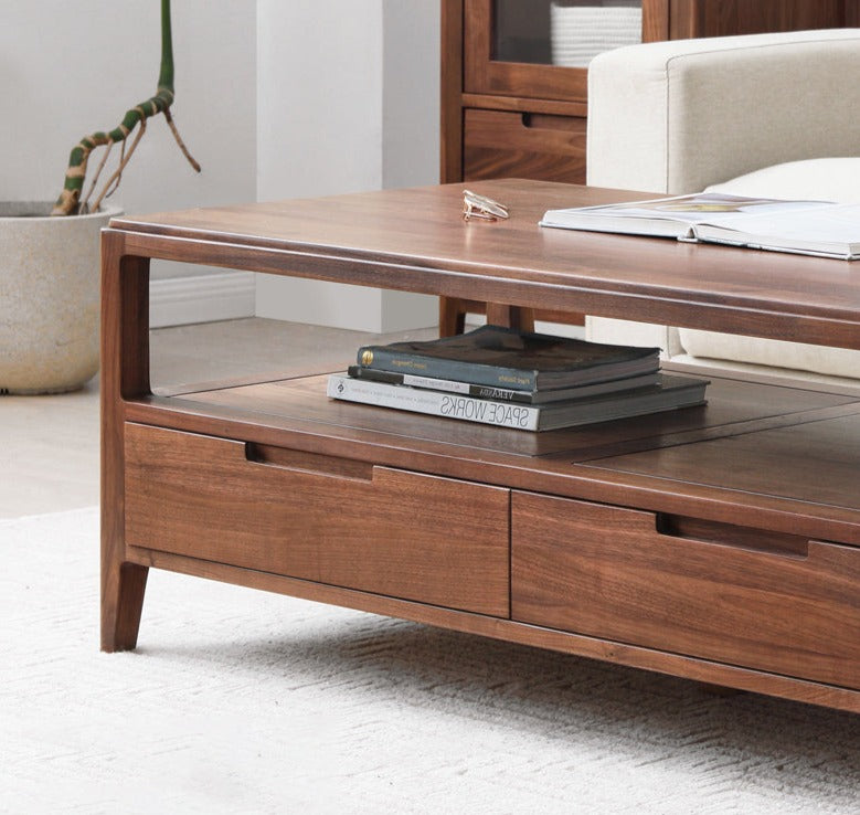Solid Black Walnut Wood Coffee Table with 4 Drawers - Rustic Modern Living Room Furniture for Home Decor