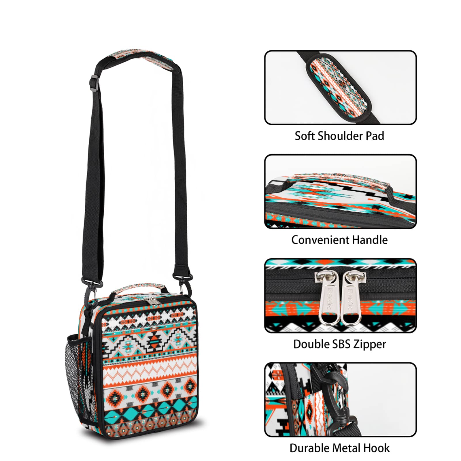 Aztec Geometric Insulated Lunch Box for Kids - Freezable Cooler Bag with Shoulder Strap, Waterproof Bento Tote for School, Office & Picnic | Boys Girls Reusable Meal Prep Container | Ethnic Style Lunch Bag for Daily Use, Travel & Outdoor Activities