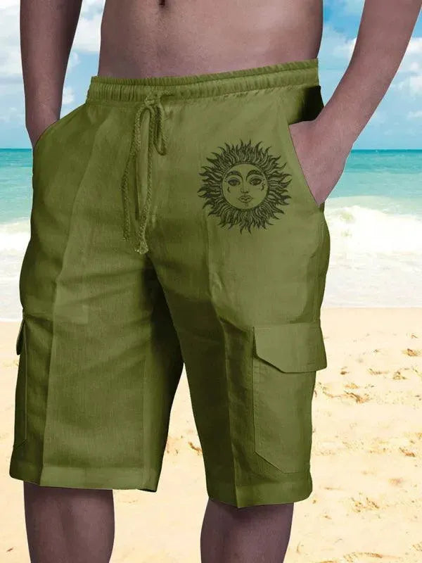 Men's Linen Cargo Shorts with Cat Print - Breathable Summer Casual Shorts for Outdoor Activities and Beach Vacations