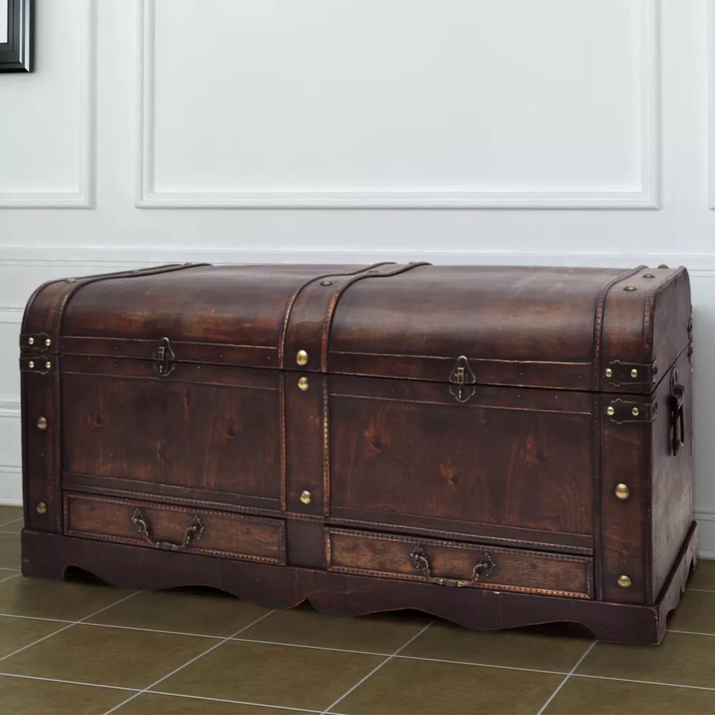 Vintage Brown Wooden Storage Trunk - Antique Treasure Chest with Drawers, Jewelry Organizer, Clothes Storage Box for Bedroom & Living Room (35.5 x 20 x 16.5 Inches) - Perfect for Home Decor, Vintage Themed Rooms & Wedding Dress Storage
