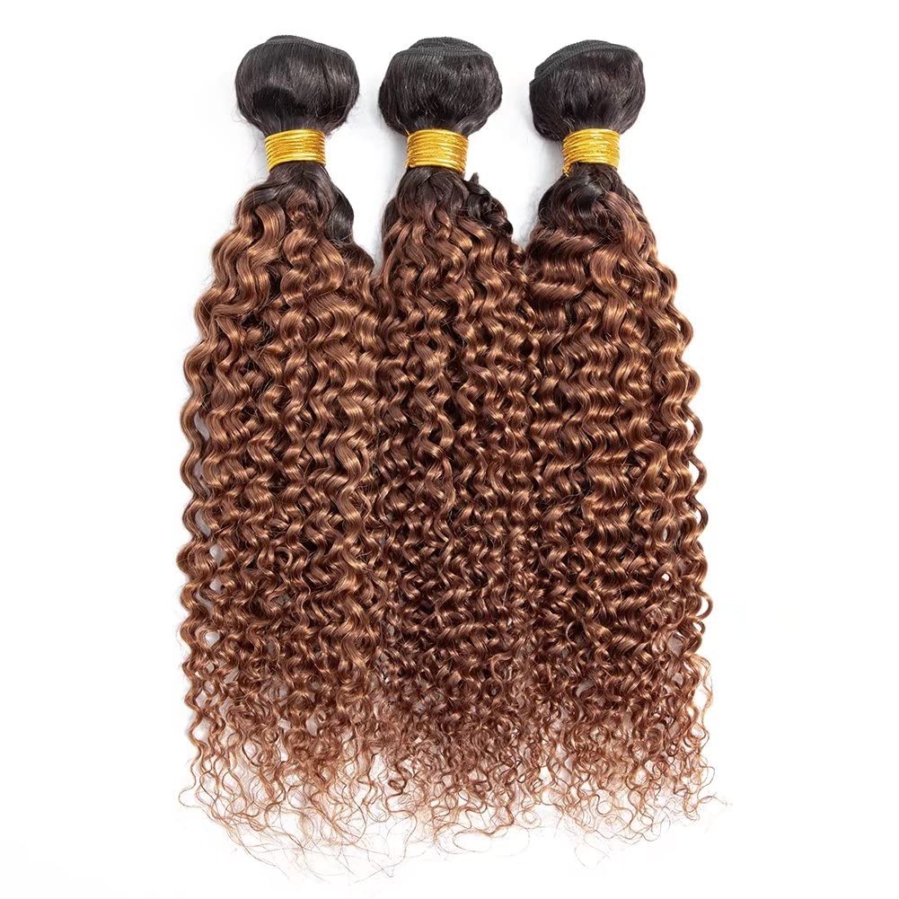FEEL ME Kinky Curly Ombre Human Hair Bundles 1B/30 - Black to Brown Brazilian Virgin Hair Weave (3 Bundles, 12 14 16 Inch) - Unprocessed Deep Curly Hair Extensions for Natural Look & Styling Versatility | Perfect for Daily Wear, Parties & Special Occasions