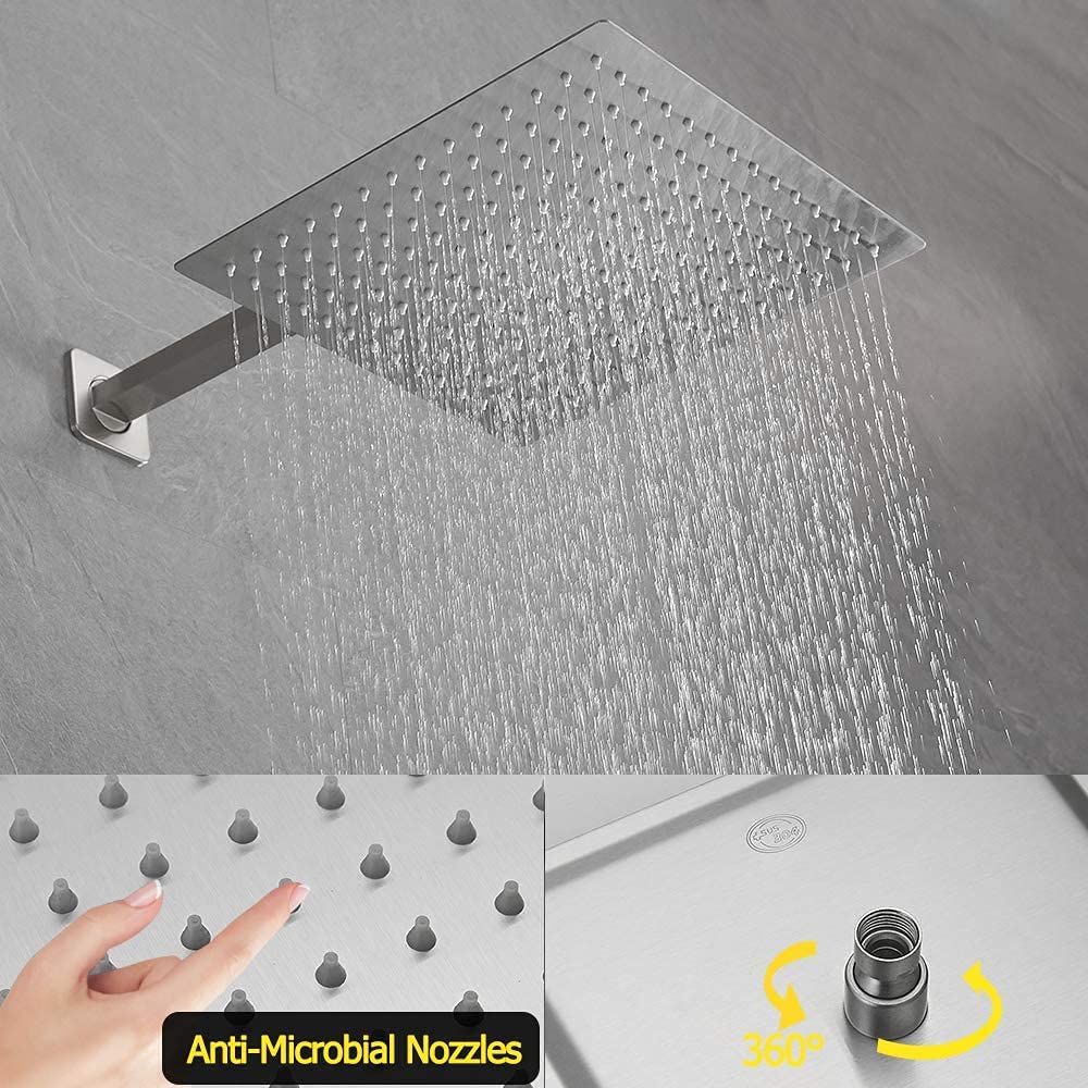 Brushed Nickel Rain Shower System - 12 Inch Square Rainfall Shower Head with Handheld Sprayer, Tub Spout & Rough-in Valve - Bathroom Shower Mixer Combo for Luxurious Spa Experience at Home