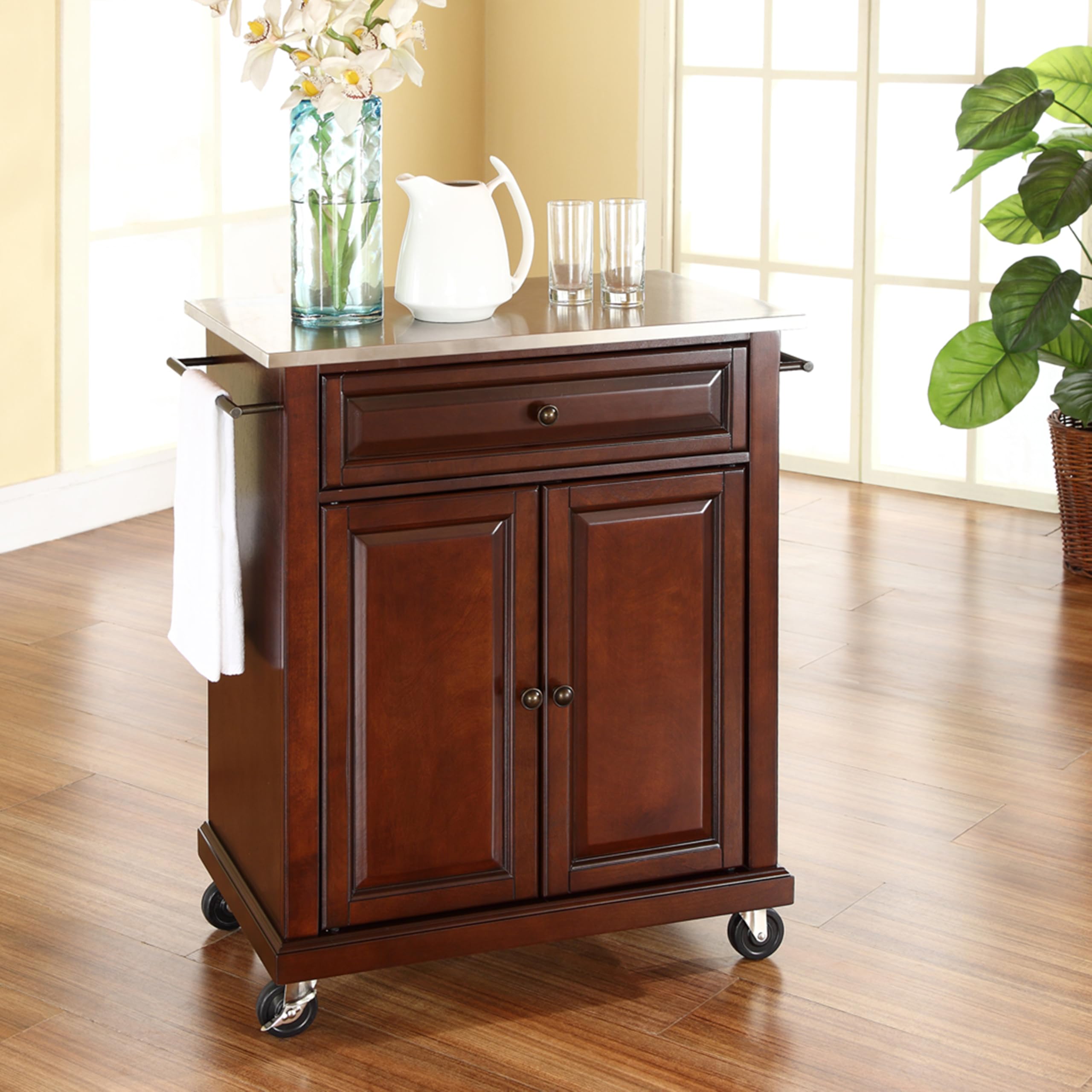Crosley Compact Stainless Steel Rolling Kitchen Cart with 3 Shelves - Microwave Stand, Towel Rack & Storage Organizer for Small Spaces - Perfect for Apartments, Dorms, Kitchens & Bathrooms