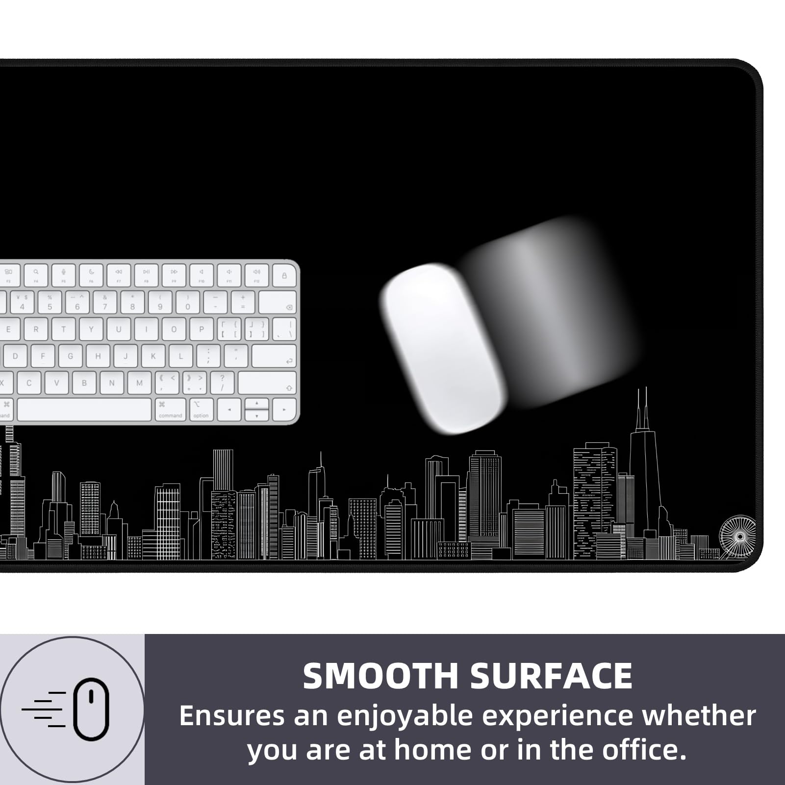 Large Gaming Mouse Pad with Non-Slip Rubber Base - Hand-Drawn Chicago Cityscape Design - Stitched Edges for Durability - Perfect for Office, Gaming & Graphic Design Workstations