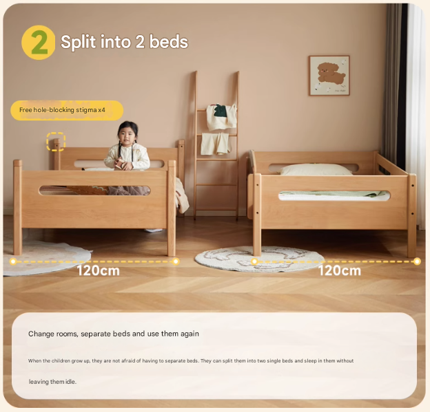 Solid Beech Wood Bunk Bed with Guardrails - Sturdy & Safe for Kids' Bedroom, Dormitory, or Guest Room