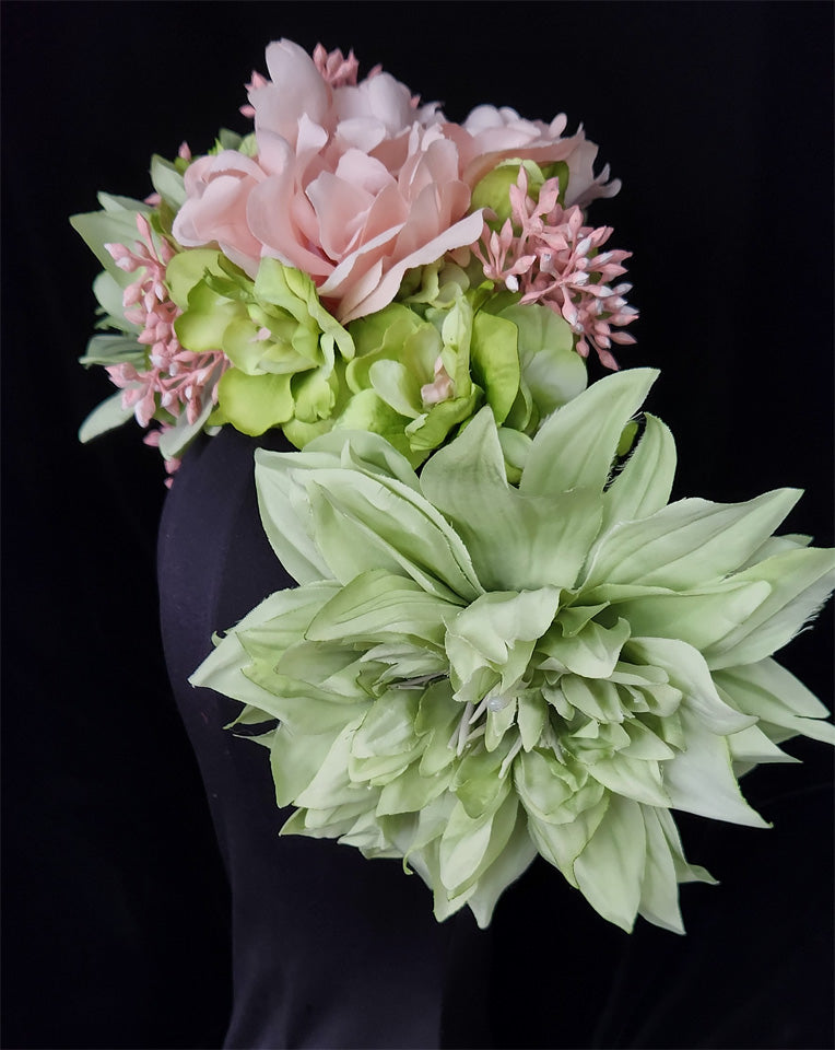 Elegant Green Blush Race Day Fascinator with Detachable Dahlia Headband - Perfect for Weddings, Horse Races & Special Occasions | Enchantment by Kezani