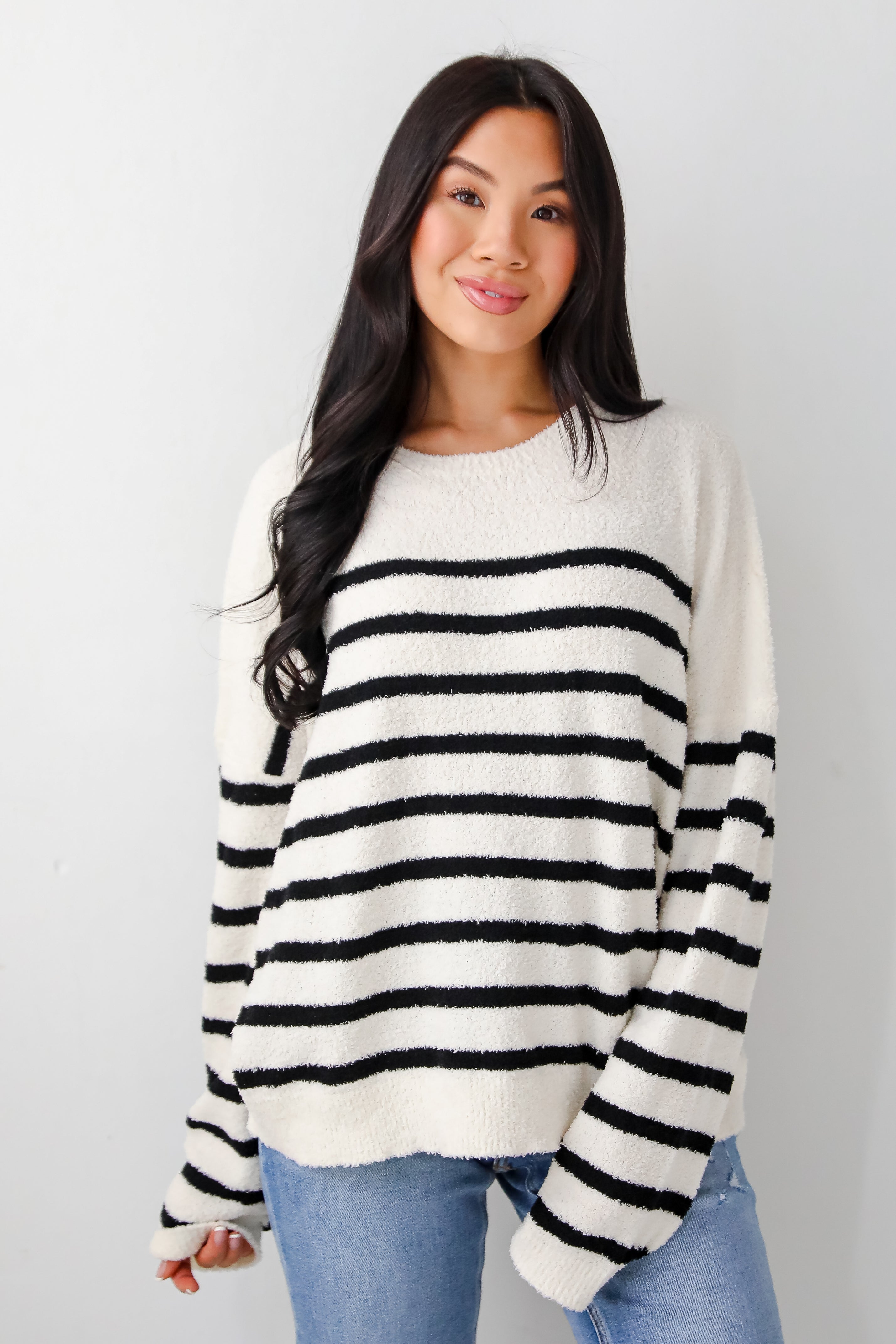 Delightful Weather Cream Striped Fuzzy Knit Sweater - Cozy Winter Pullover for Women | Perfect for Casual Outfits, Office Wear & Holiday Gatherings