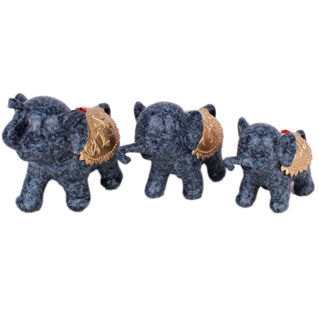 Vintage Blue Elephant Ornament Set - 3 Piece Cute Elephant Figurines for Home Decor, Shelf Display, Baby Nursery, and Gift Giving
