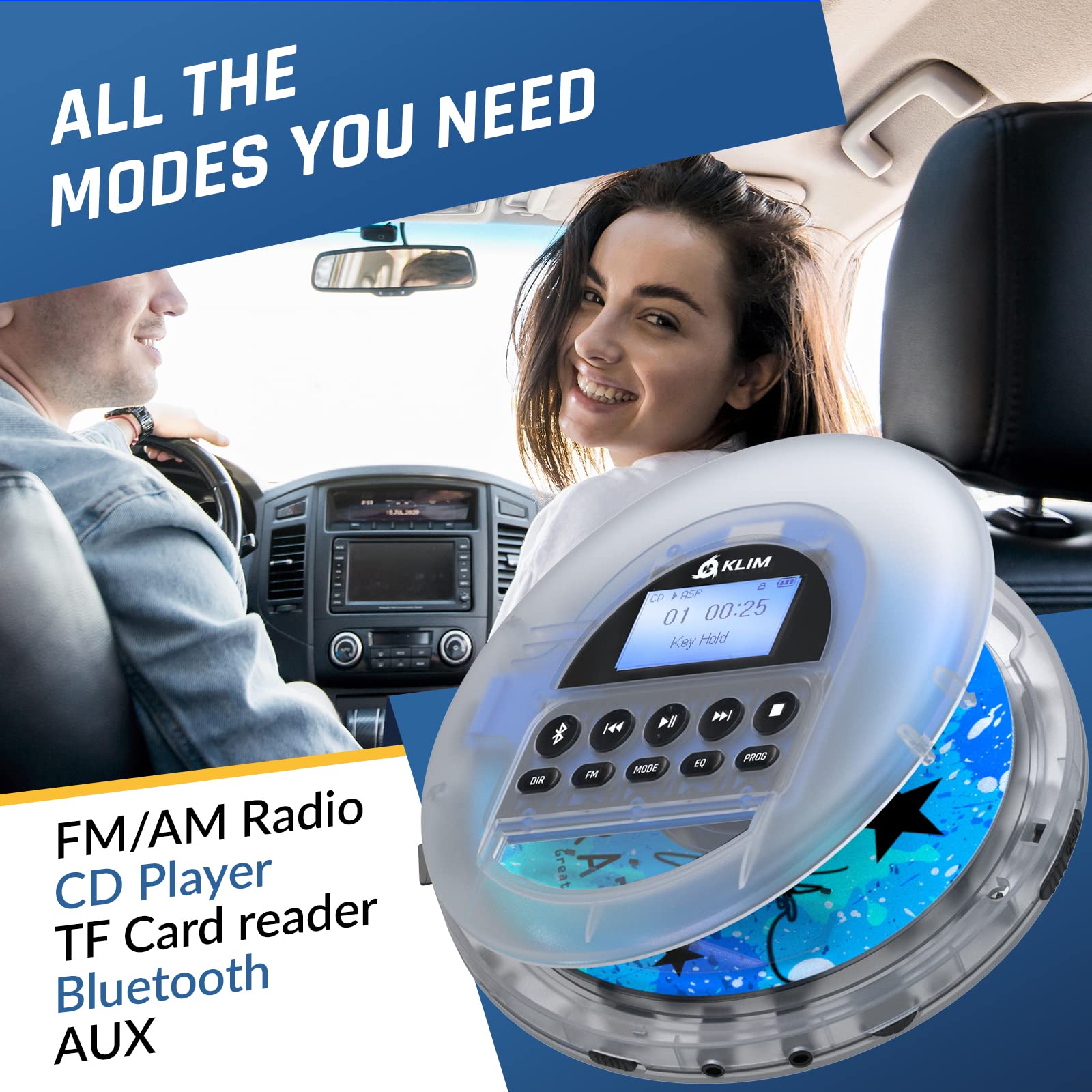 KLIM Nomad Transparent Portable CD Player Walkman with Long-Lasting Battery, FM Radio, Bluetooth & MP3 Playback - Includes Headphones & TF Card Support - Perfect for Cars, Travel & Outdoor Activities (2024 New Model)